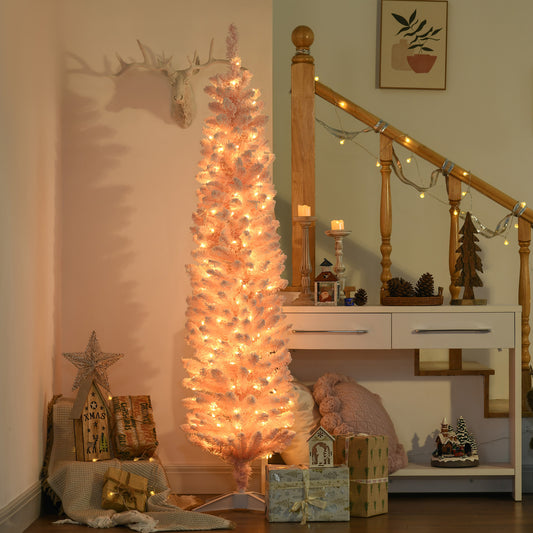 6' Flocked Christmas Trees, Pencil Prelit Artificial Christmas Tree with Snow Branches, Pink - Gallery Canada
