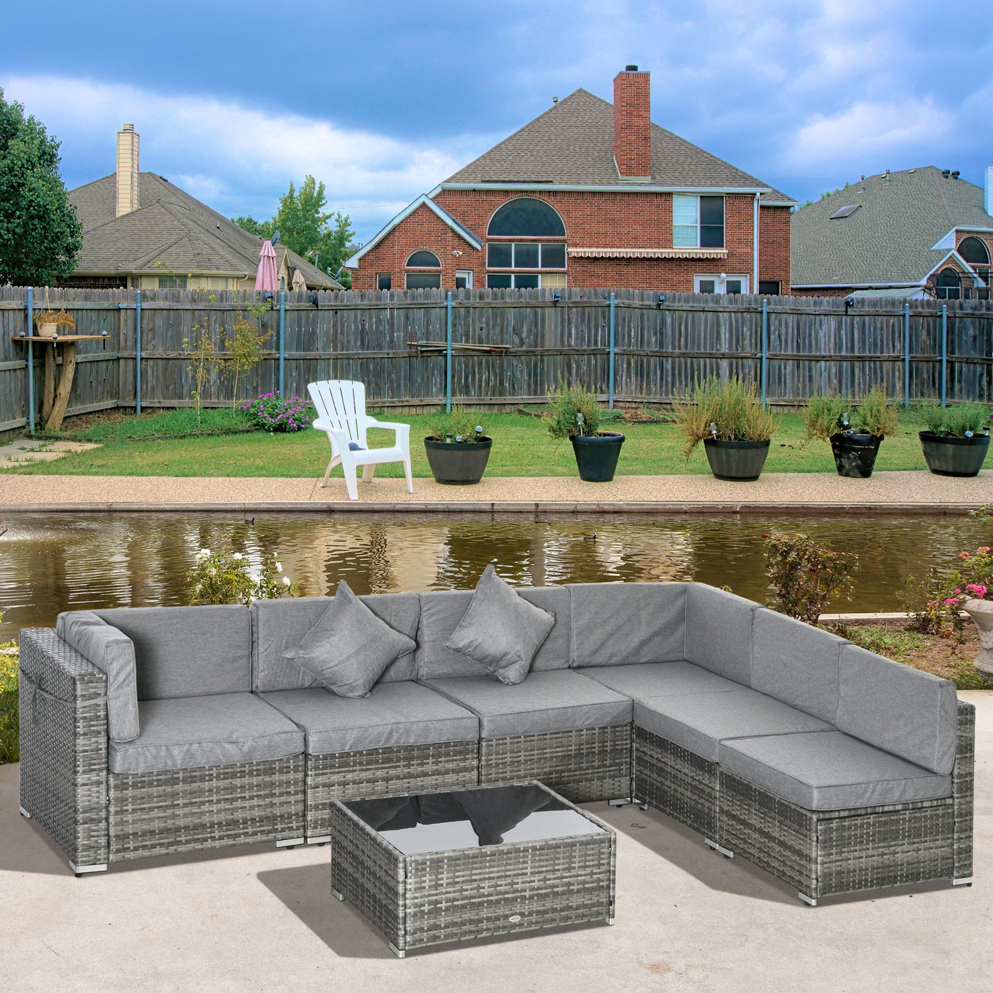 7pc Garden Wicker Sectional Set w/ Tea Table Patio Rattan Lounge Sofa Outdoor Deck Furniture Light Grey Patio Furniture Sets   at Gallery Canada