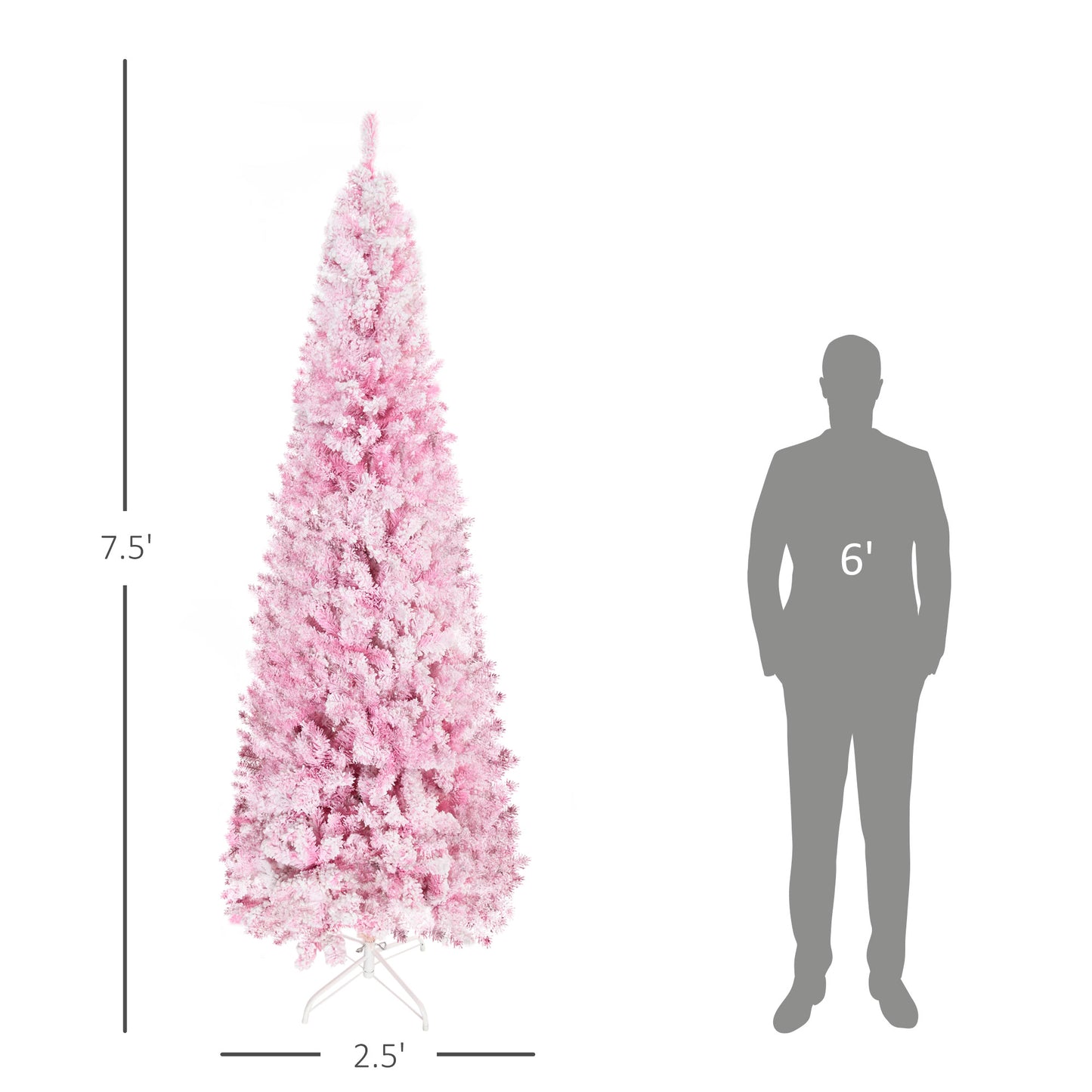 7.5 FT Snow Flocked Artificial Christmas Tree, Pencil Xmas Tree with Realistic Branches, Auto Open and Steel Base, Pink Pencil Christmas Trees   at Gallery Canada