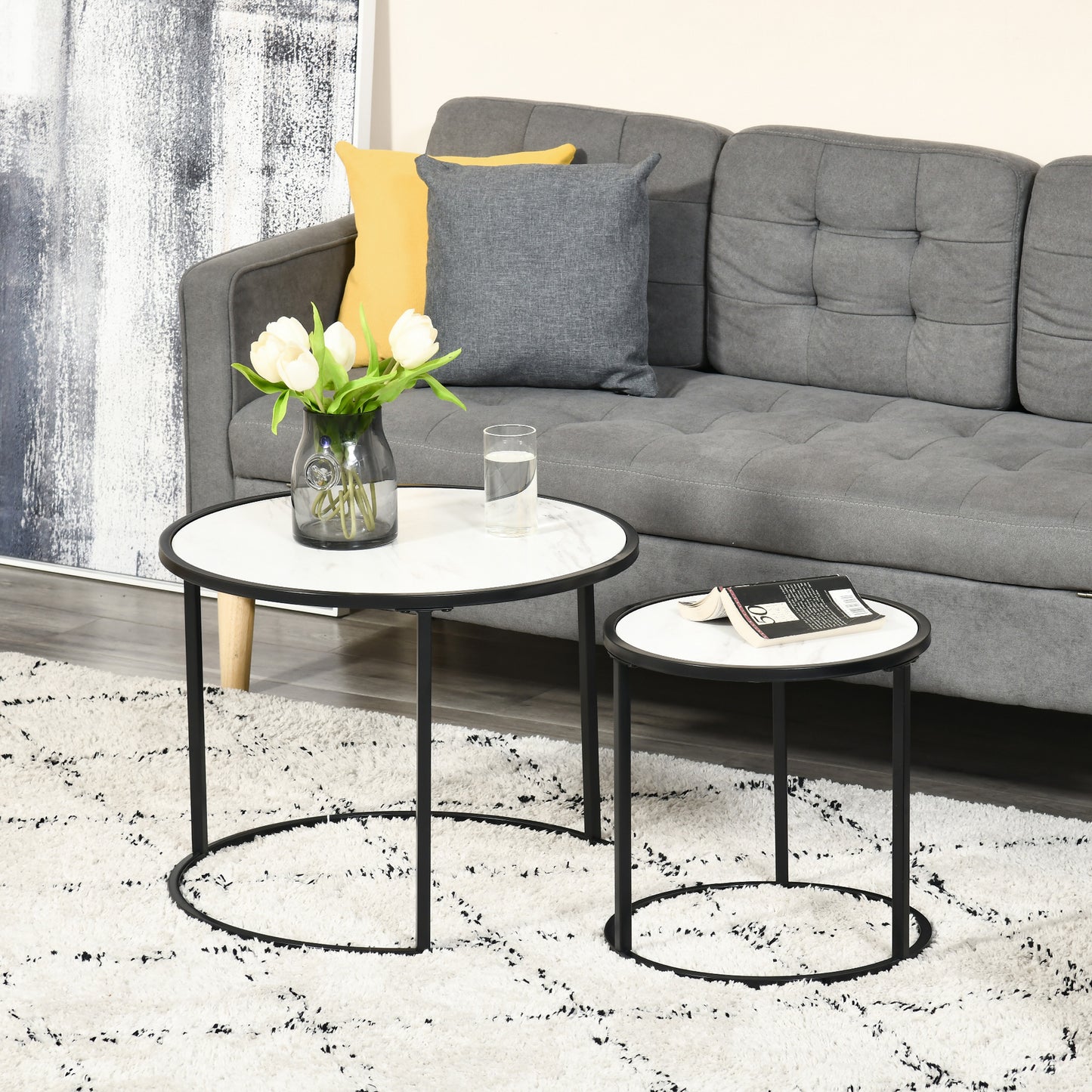 Round Nesting Coffee Table Set of 2, Stacking Modern Accent Tables with Faux Marble Tabletop and Metal Frame for Living Room, White Coffee Tables   at Gallery Canada