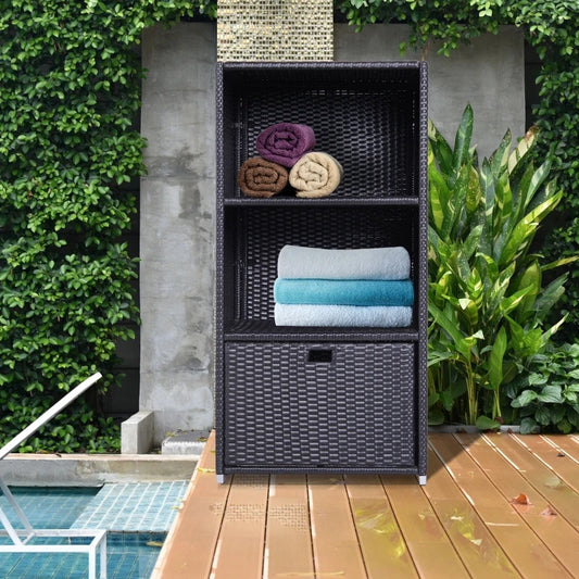 Outdoor Storage Cabinet, Patio Storage Box Rack Rattan Wicker Pool Towel Valet Organizer Poolside Garden Lawn Bathroom Furniture Shelf w/ Shelf Drawer, Dark Brown - Gallery Canada