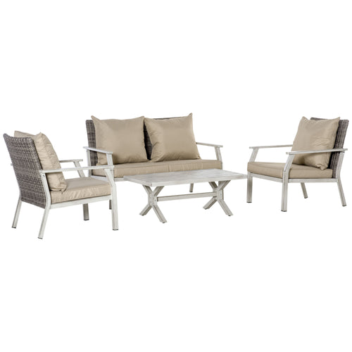 4 Pieces Patio Furniture Set with Cushions, Outdoor Wicker Conversation Sofa Sets, Aluminum Frame Sofa Sets for Backyard, Poolside, Garden, Beige