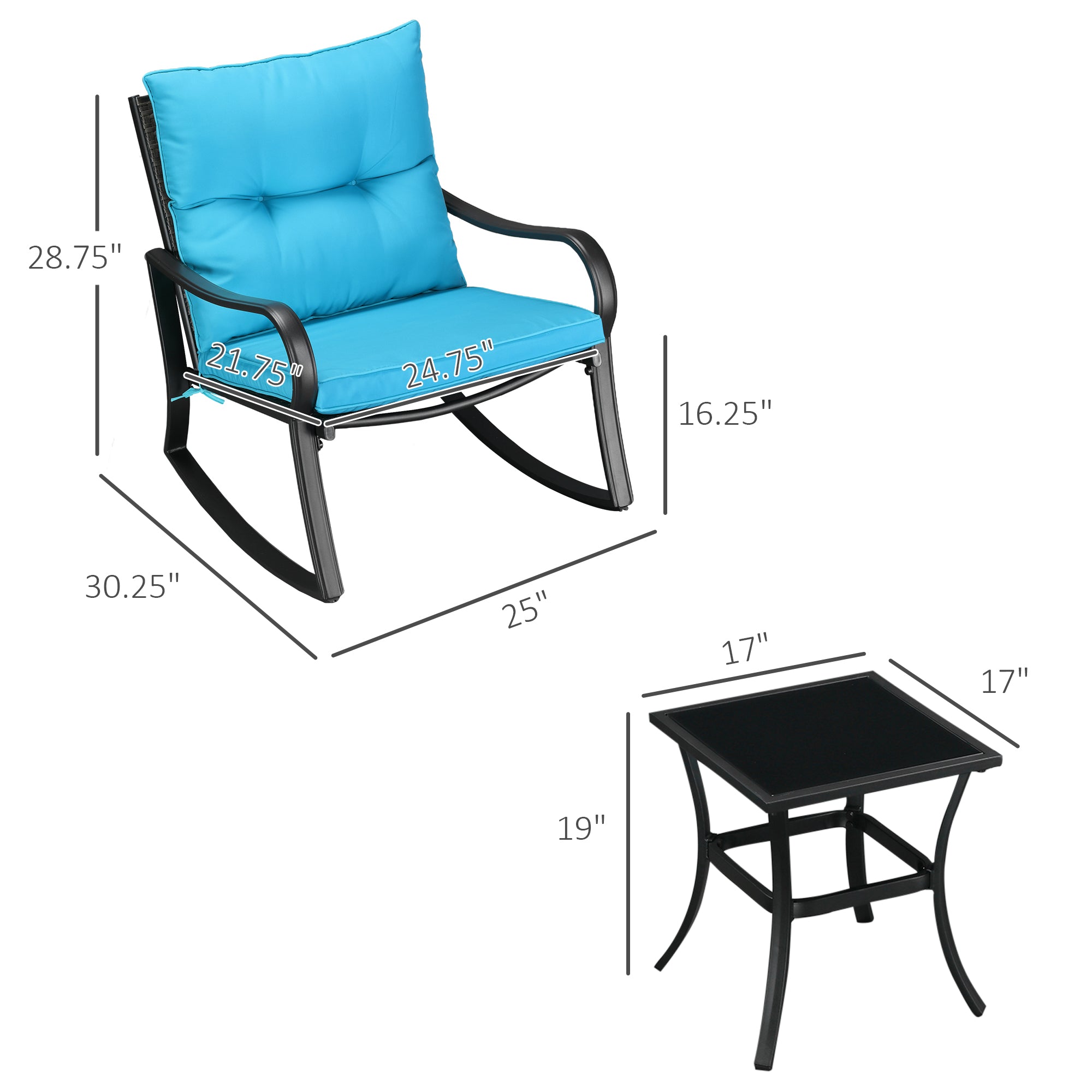 Outdoor PE Rattan Rocking Chair Set with Cushions and Table, Blue Outdoor Rocking Chairs   at Gallery Canada