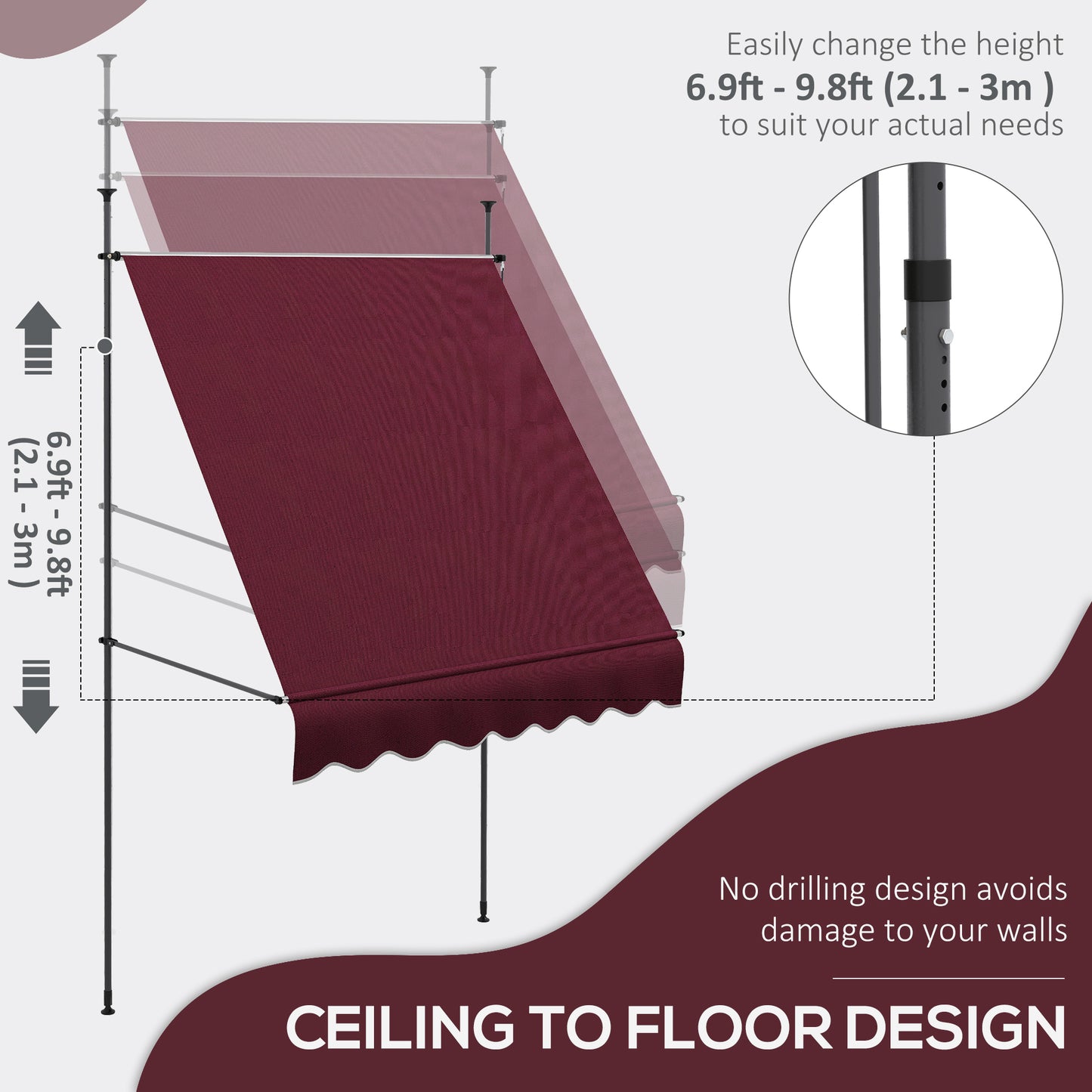 6.5' x 4' Manual Retractable Awning, Non-Screw Freestanding Patio Awning, UV Resistant, for Window or Door, Wine Red Patio Awnings   at Gallery Canada