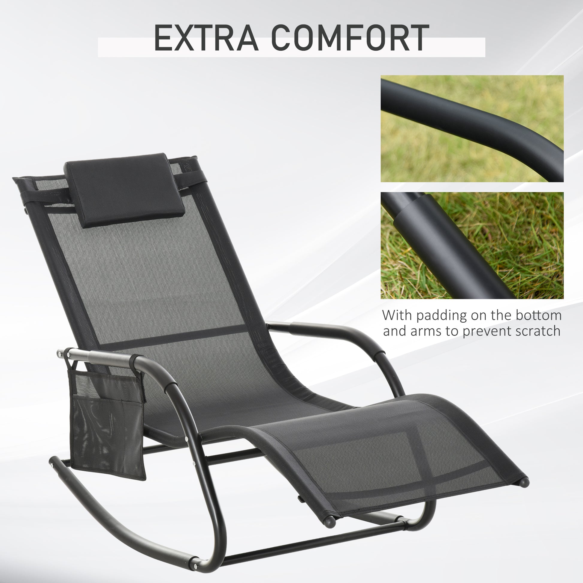 Patio Rocking Chair with Mesh Fabric, Outdoor Rocking Sling Sun Lounger with Removable Headrest and Side Pocket for Garden, Deck, Lawn, Black Outdoor Rocking Chairs   at Gallery Canada