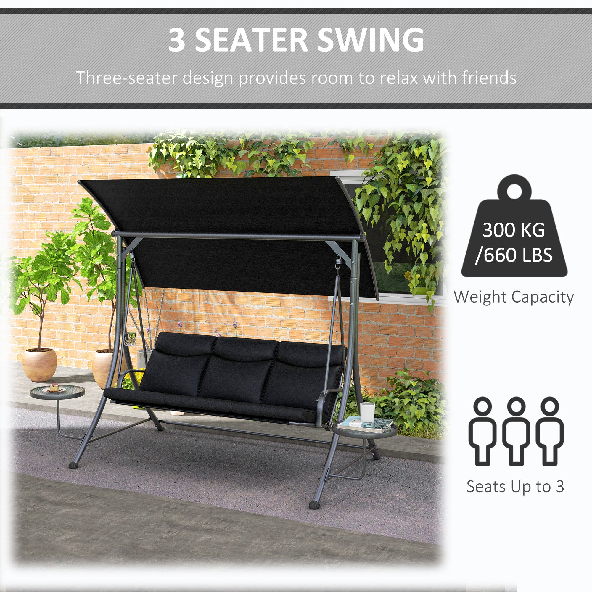 3 Seat Outdoor Swing Chair Steel Swing Bench Porch Swing With Adjustable Canopy &; Coffee Tables &; Cushion for Patio Garden, Black Patio Swings with Stand   at Gallery Canada