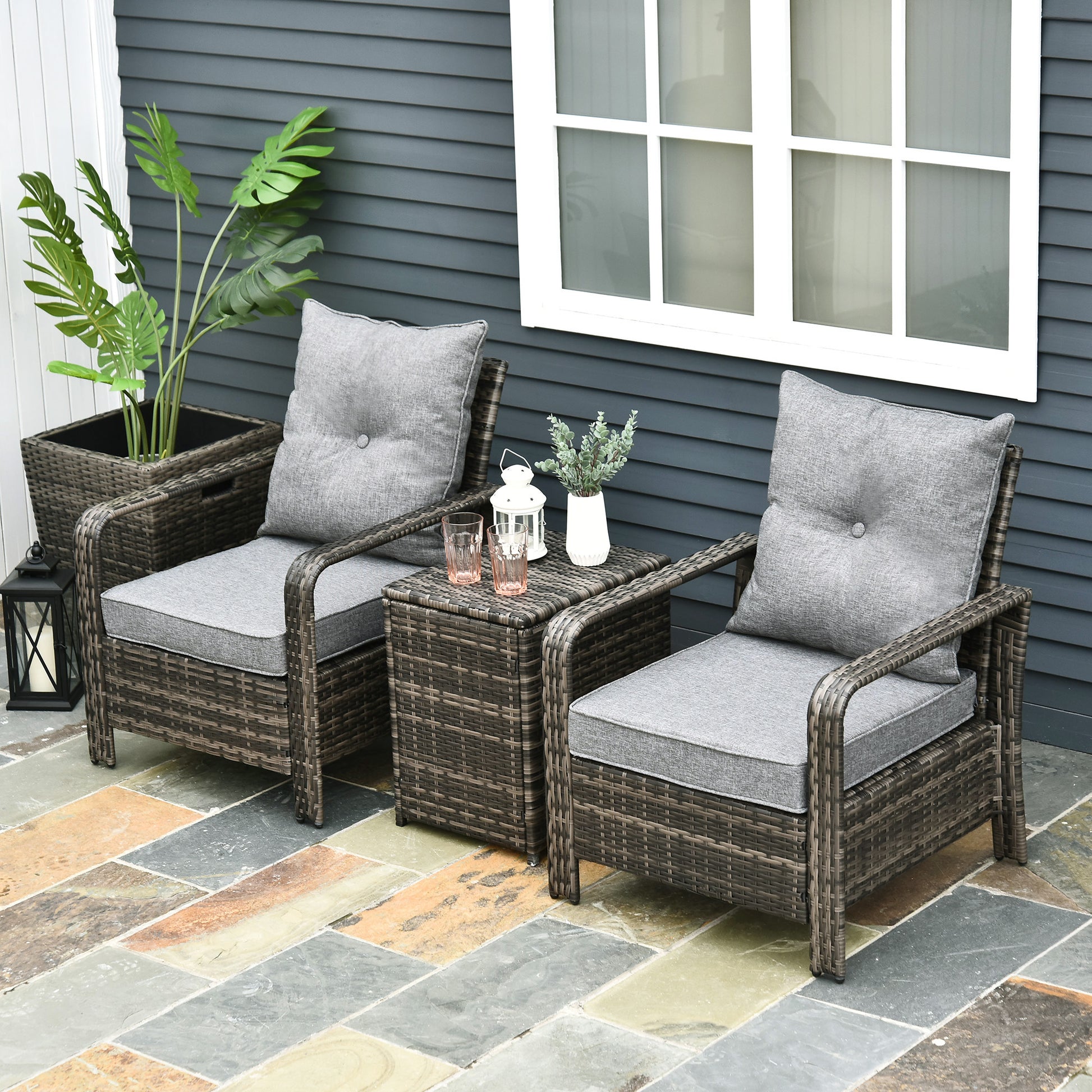 3 Pieces Patio Bistro Set, PE Rattan Garden Sofa Set with 2 Padded Chairs 1 Storage Table, Grey Bistro Sets   at Gallery Canada