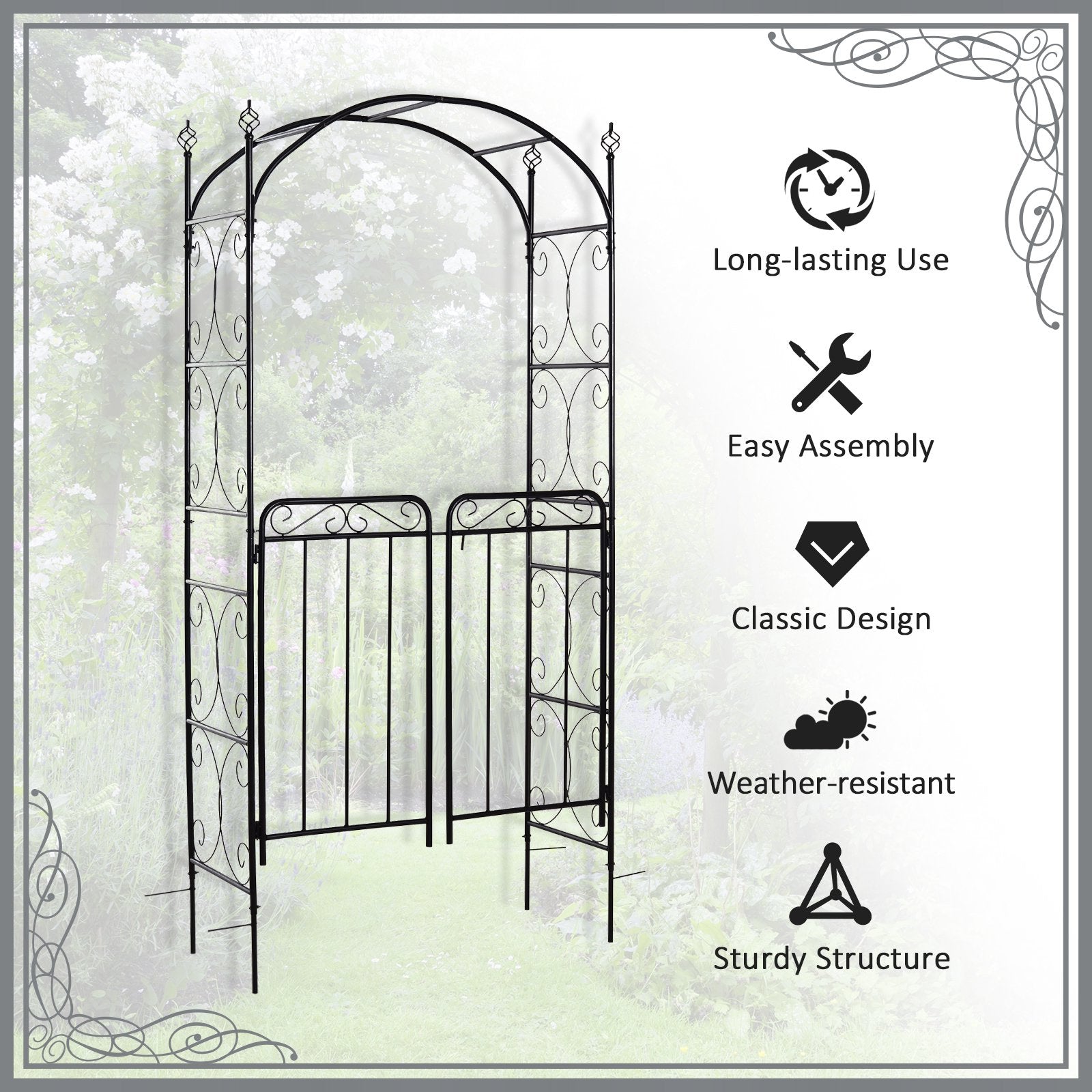 7' Metal Garden Arbor Arch with Scrollwork Doors for Ceremony, Weddings, Party, Backyard, Lawn Garden Arches   at Gallery Canada