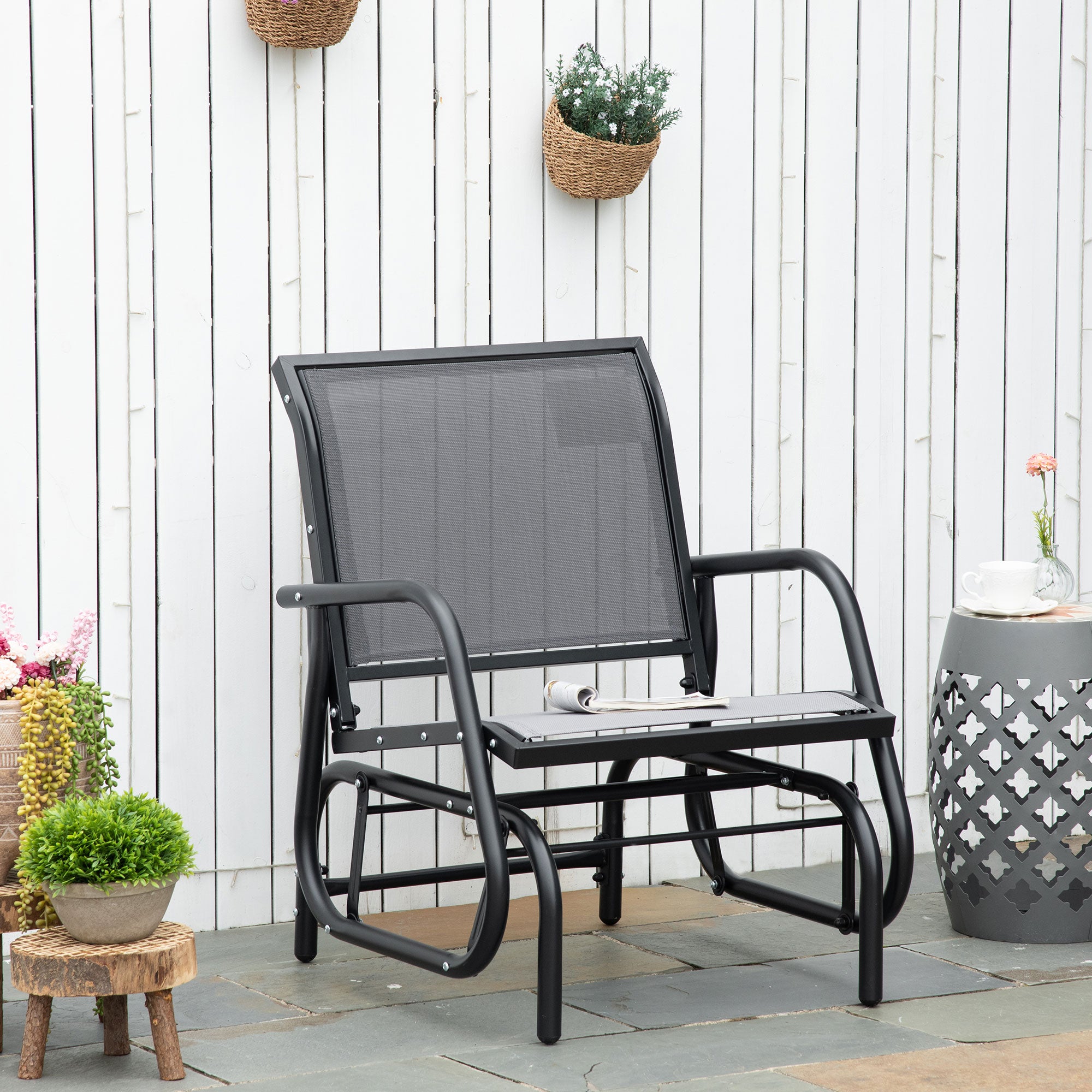 Breathable Mesh Patio Glider with Metal Frame and Curved Armrests, Light Grey Outdoor Gliders   at Gallery Canada