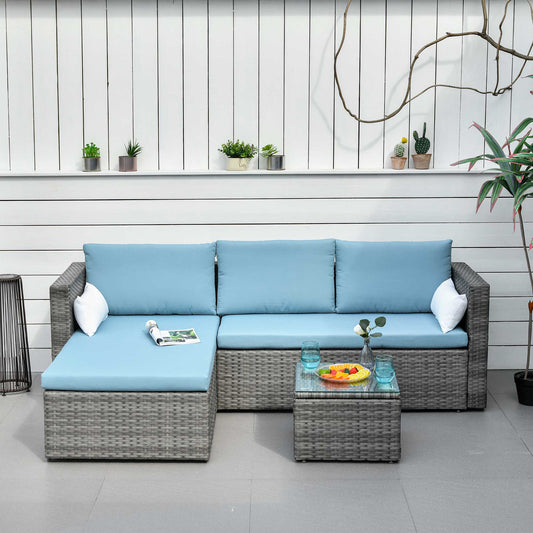 3-Piece Modern Outdoor Patio All-hand Woven Rattan Wicker Furniture Patio Coffee Table Sofa Set - Blue - Gallery Canada