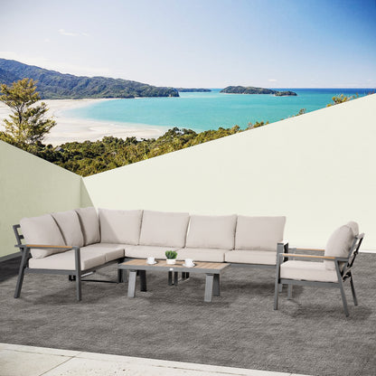 Aluminium 6-Piece L-Shaped Patio Furniture Set with Teak Coffee Table, Cream Patio Furniture Sets   at Gallery Canada