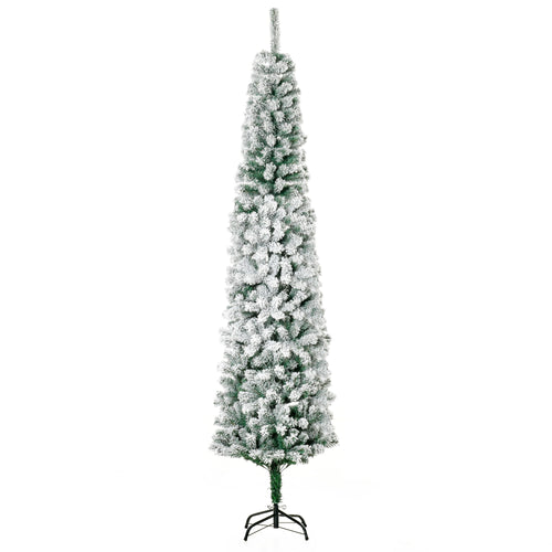 7.5ft Snow Flocked Pencil Christmas Tree Artificial Slim Xmas Tree with Realistic Branch Tips Folding Metal Stand