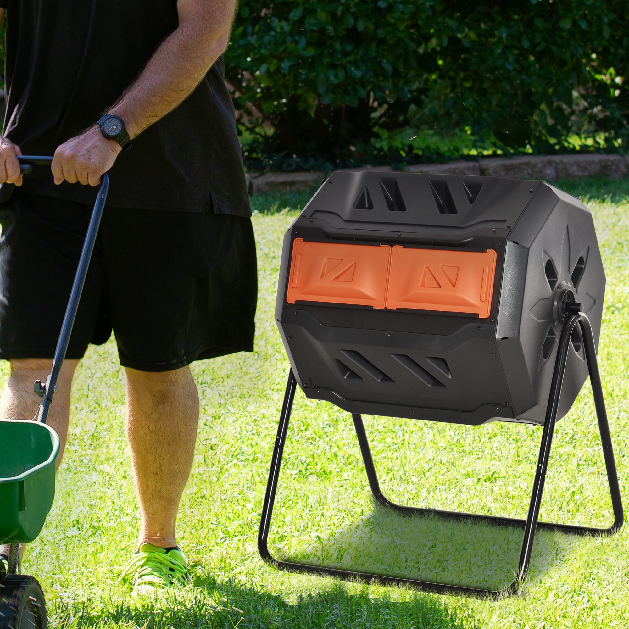 Tumbling Compost Bin Outdoor Dual Chamber 360° Rotating Composter 43 Gallon with Sliding Doors, Orange Outdoor Compost Bin   at Gallery Canada