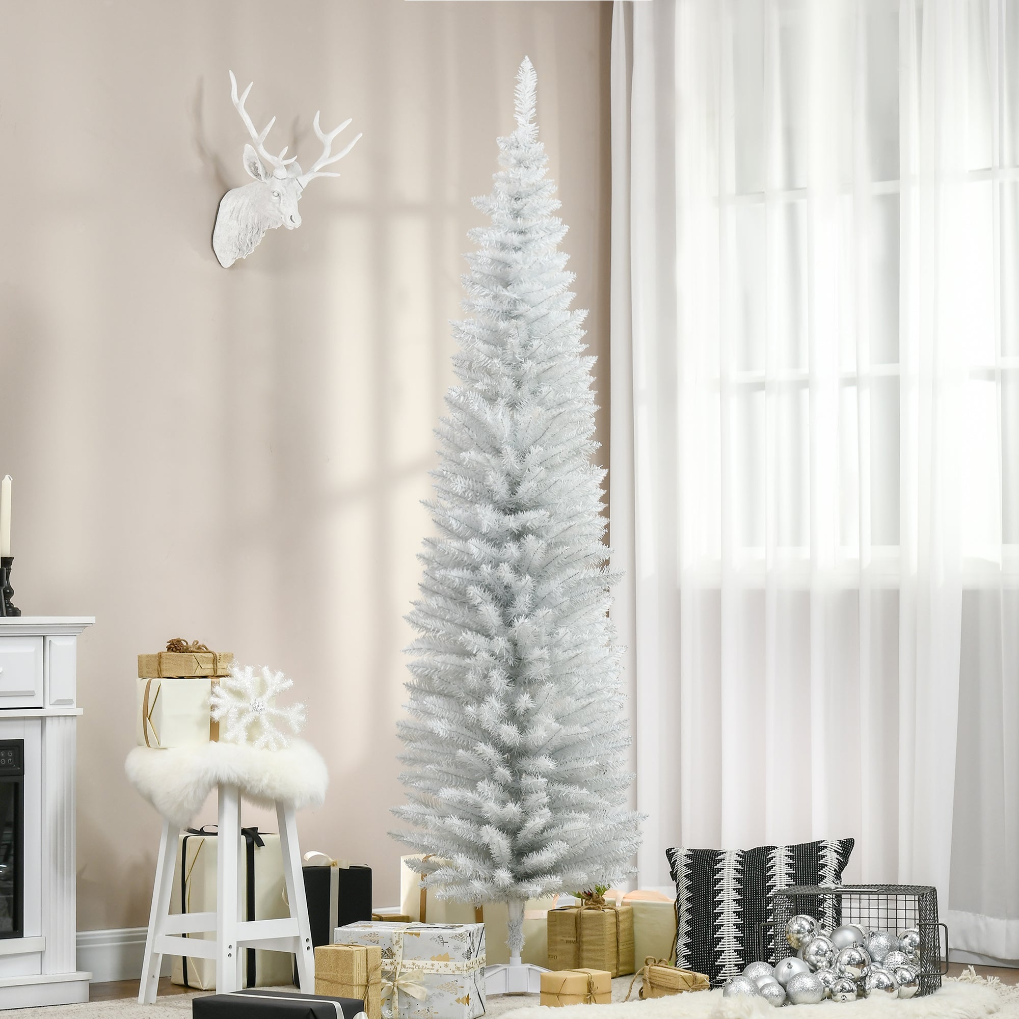 7' Pencil Christmas Tree, Slim Artificial Xmas Tree with Realistic Branches, Sturdy Metal Stand, White Pencil Christmas Trees   at Gallery Canada