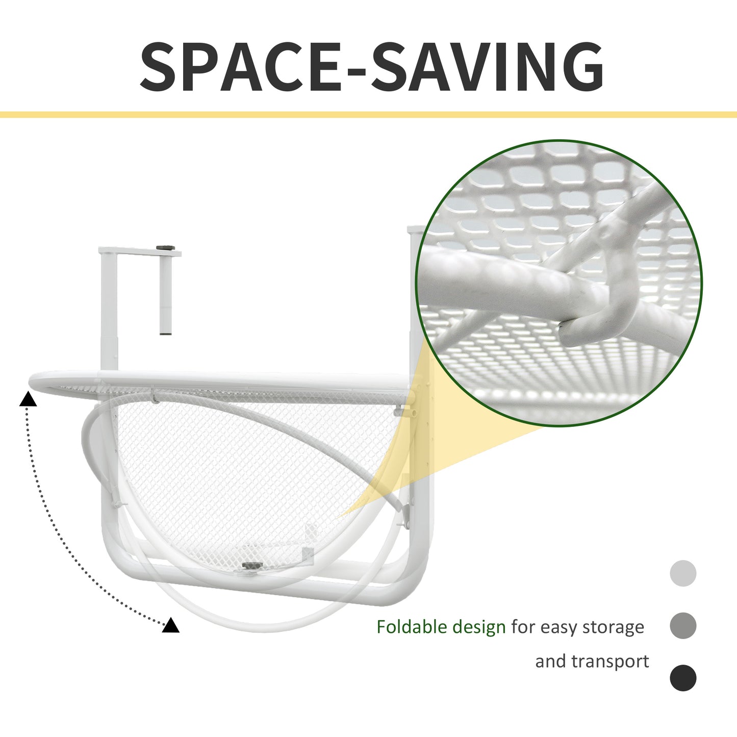 Adjustable Balcony Hanging Railing Table, Metal Mounting Mini Wall Desk Storage Rack, Outdoor Flower Stand Serving Table Half Round, White Balcony Table Hanging   at Gallery Canada