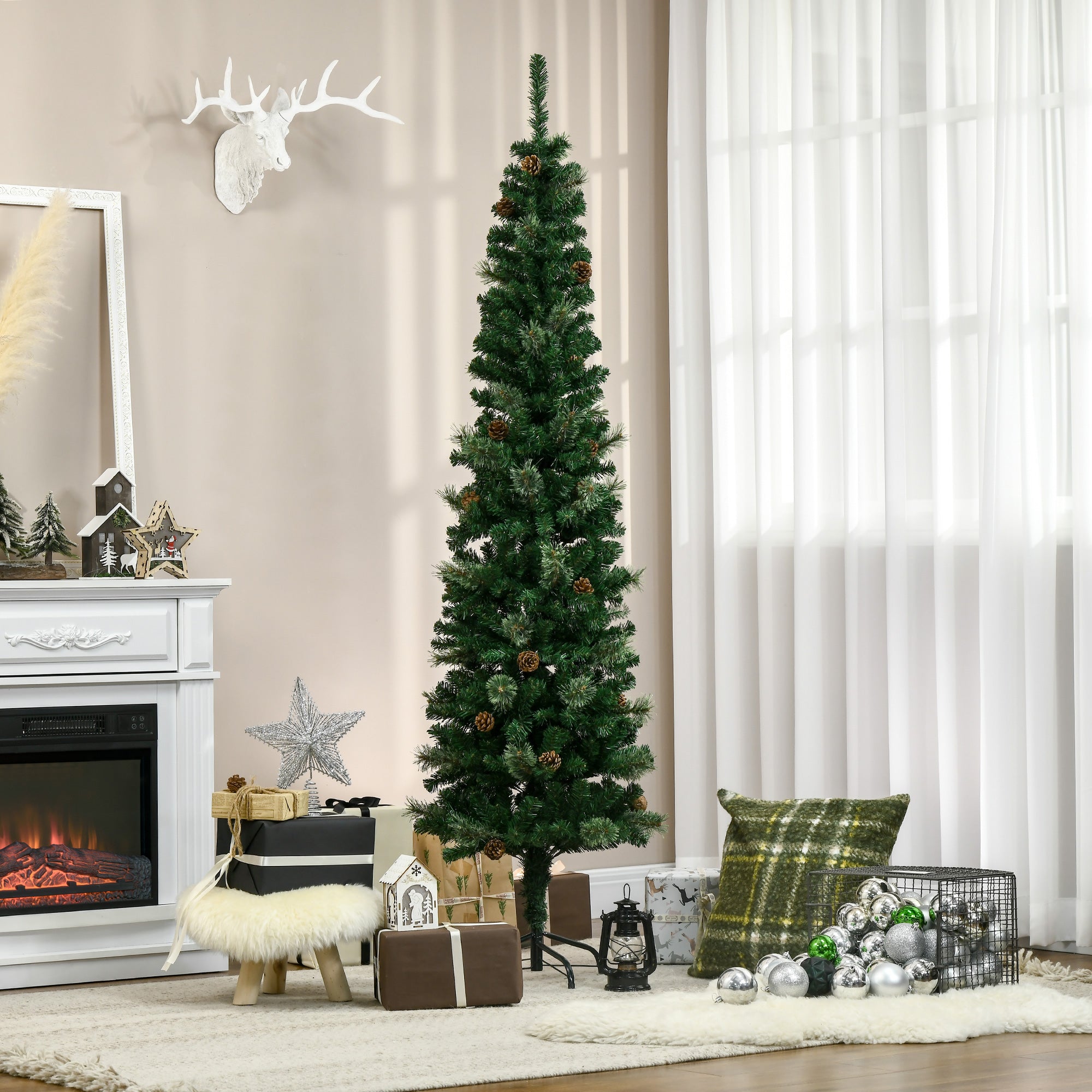 6.5ft Pencil Christmas Tree, Artificial Christmas with Pine Needles, Realistic Branches, Pine Cones, Metal Base, Green Pencil Christmas Trees   at Gallery Canada