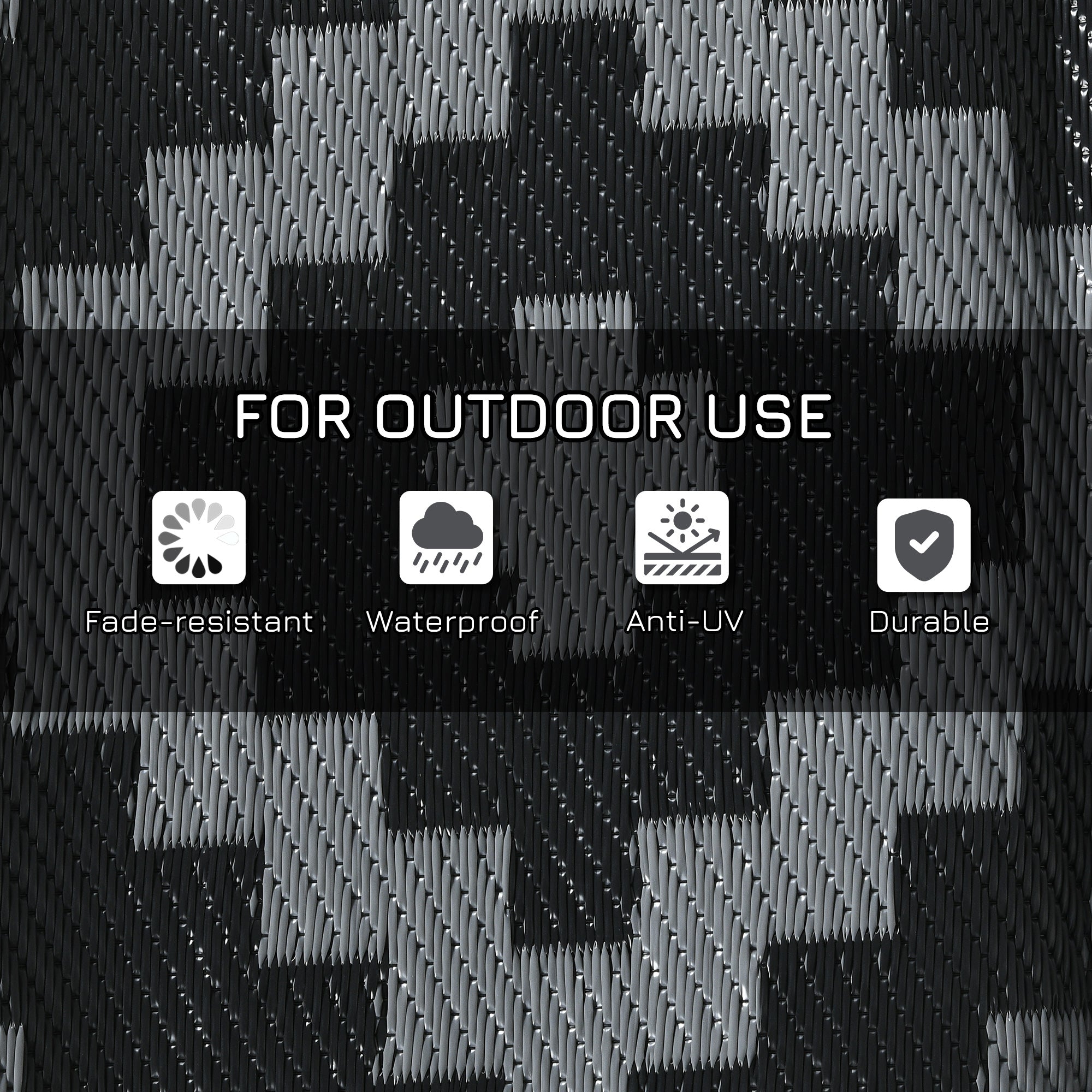 Reversible Outdoor Rug Waterproof Plastic Straw RV Rug with Carry Bag, 9' x 12', Black and Grey Geometric Outdoor Reversible Rugs   at Gallery Canada