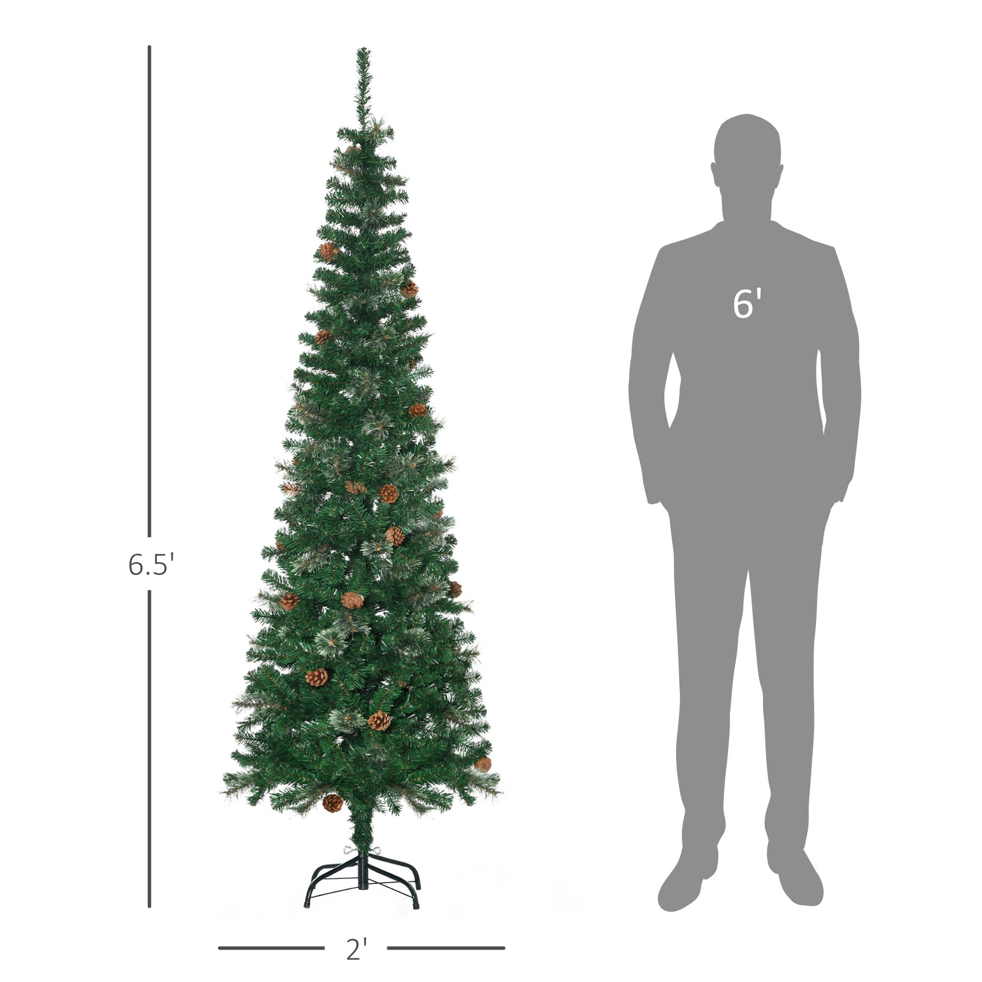 6.5ft Pencil Christmas Tree, Artificial Christmas with Pine Needles, Realistic Branches, Pine Cones, Metal Base, Green Pencil Christmas Trees   at Gallery Canada