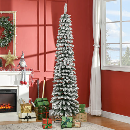 7ft Snow-Flocked Artificial Christmas Tree, Slim Pencil Xmas Tree with 490 Realistic Branches, Metal Base, Green Pencil Christmas Trees   at Gallery Canada