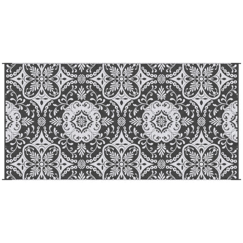 Reversible Waterproof Outdoor Rug with Carry Bag, 9' x 18' for RV, Camping, Gray & White Flower