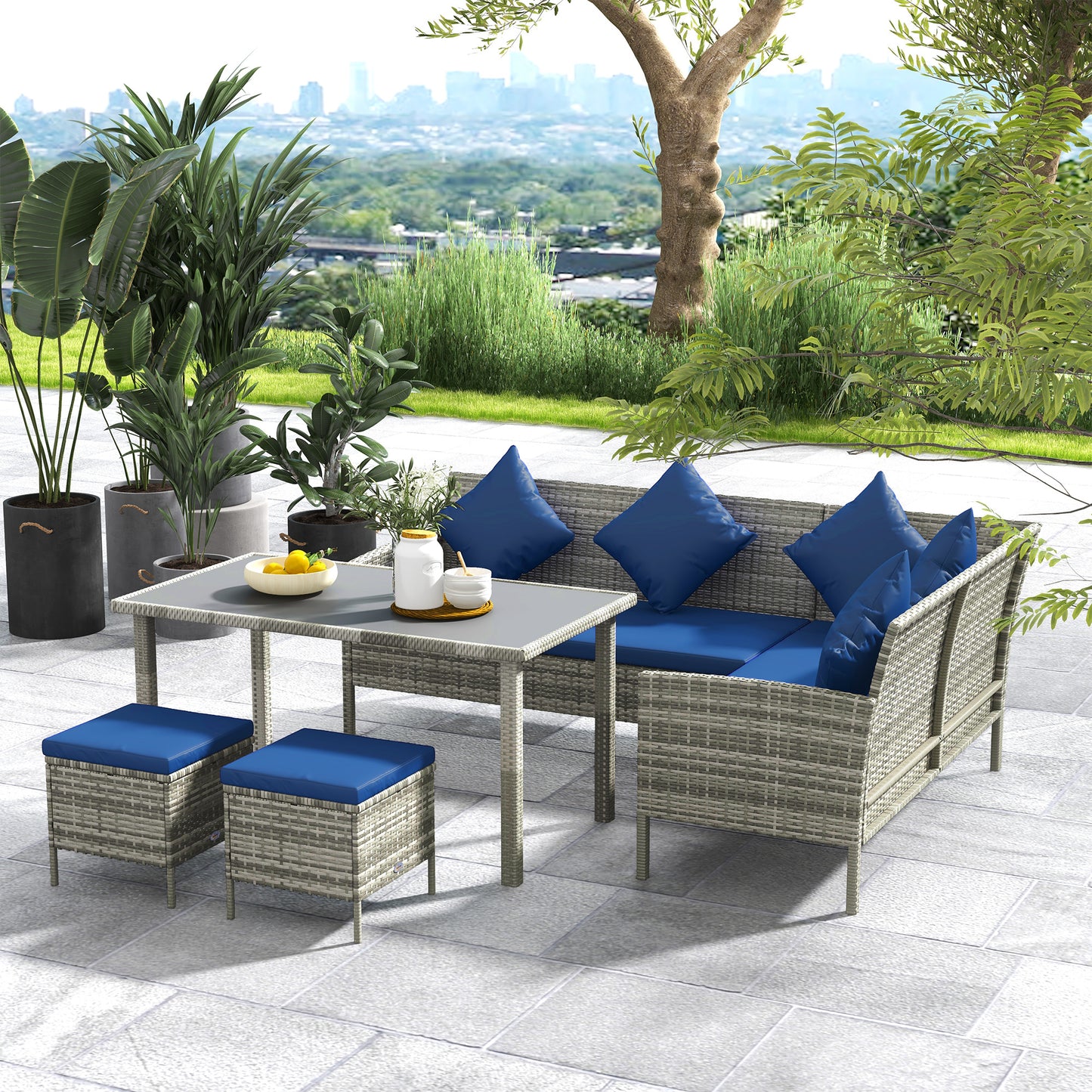 5 Pieces Wicker Patio Conversation Dining Furniture Set with Cushions, Table and Ottomans, Navy Blue Patio Furniture Sets   at Gallery Canada