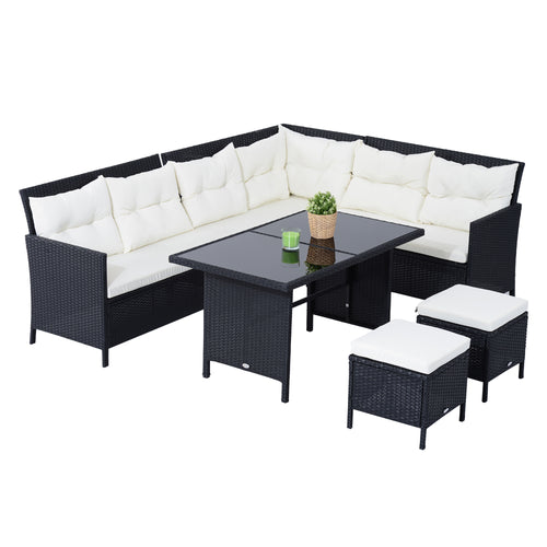 6pcs Outdoor Rattan Sofa Set Garden Wicker Sectional Couch Furniture Set with Dining Table and Chair White