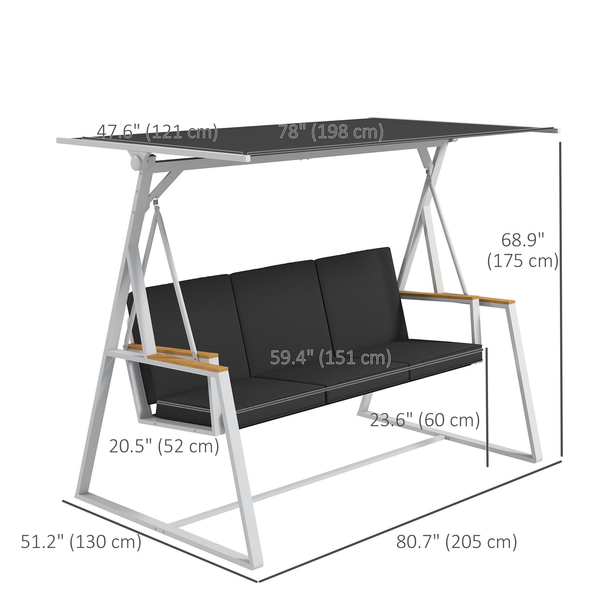 3-Seat Outdoor Porch Swing Outdoor Patio Swing with Adjustable Canopy, Removable Cushion for Garden, Poolside, Grey Porch Swings with Canopy Dark Grey  at Gallery Canada