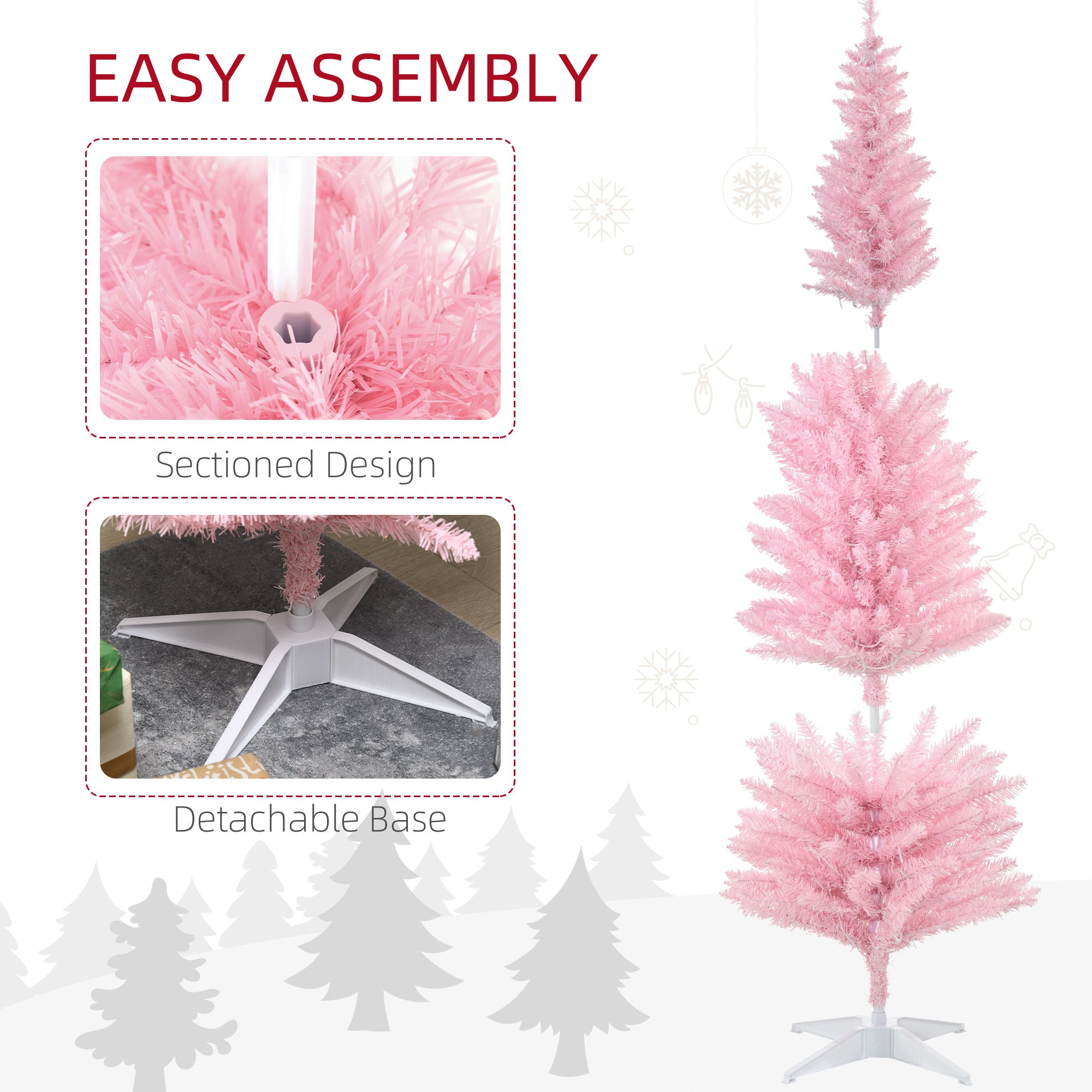 6' Pre Lit Artificial Pencil Christmas Trees, Xmas Tree with Realistic Branches and Warm White LED Lights, Pink Pencil Christmas Trees   at Gallery Canada