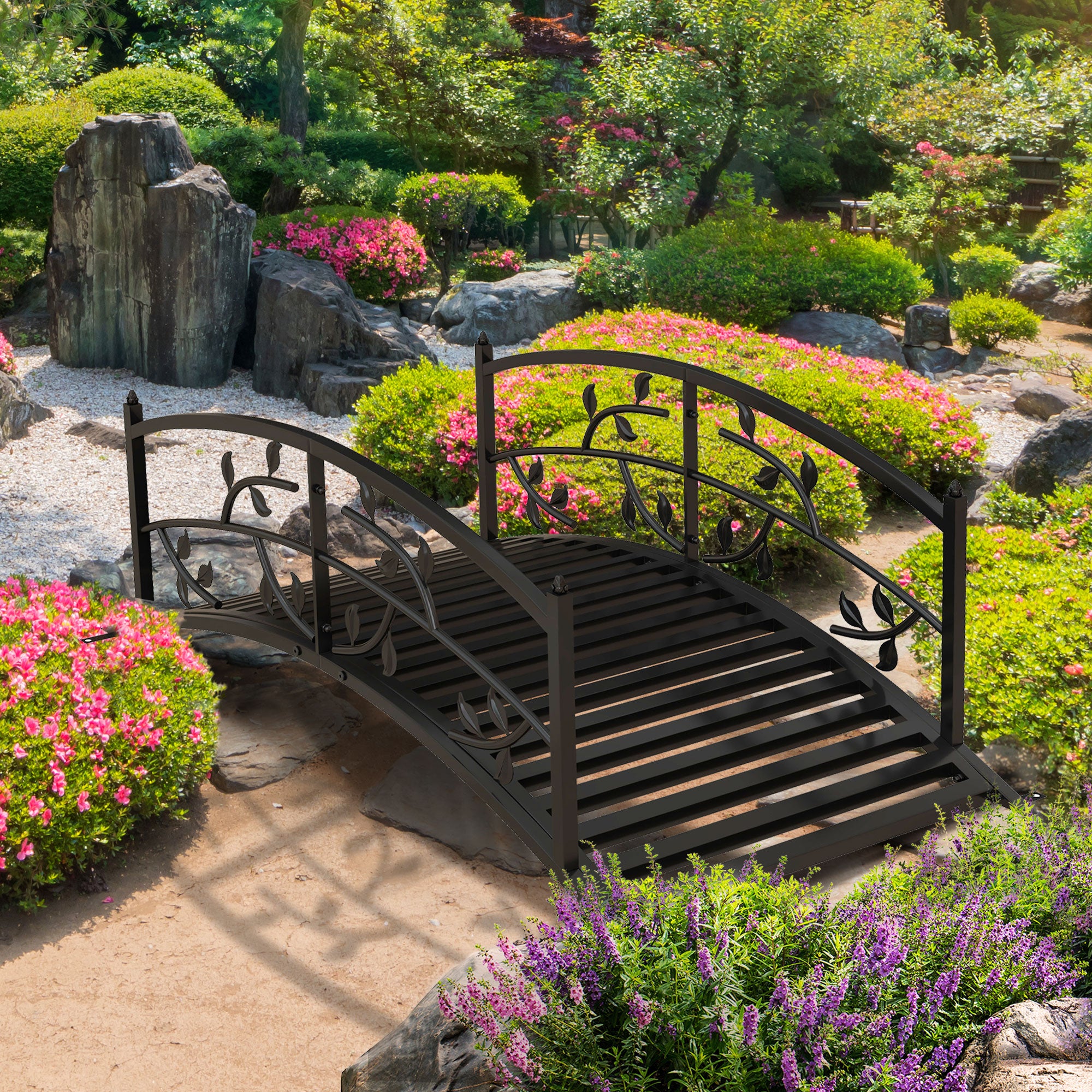 4' Metal Arch Garden Bridge Arc Footbridge with Guardrails and Decorative Vine Pattern, Black Garden Bridges   at Gallery Canada