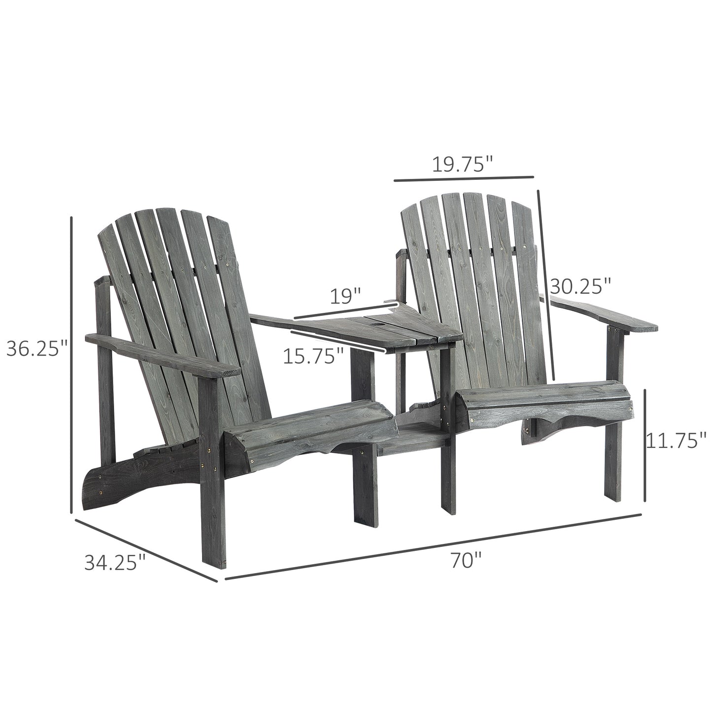 Double Wooden Adirondack Chair with Middle Table, Outdoor Patio Porch Tete-A-Tete Bench Two Seater w/ Umbrella Hole, Grey Patio Chairs   at Gallery Canada