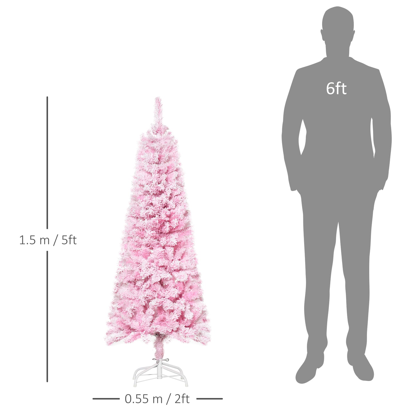 5 FT Snow Flocked Artificial Christmas Tree, Pencil Xmas Tree with Realistic Branches, Auto Open and Steel Base, Pink Artificial Christmas Trees   at Gallery Canada