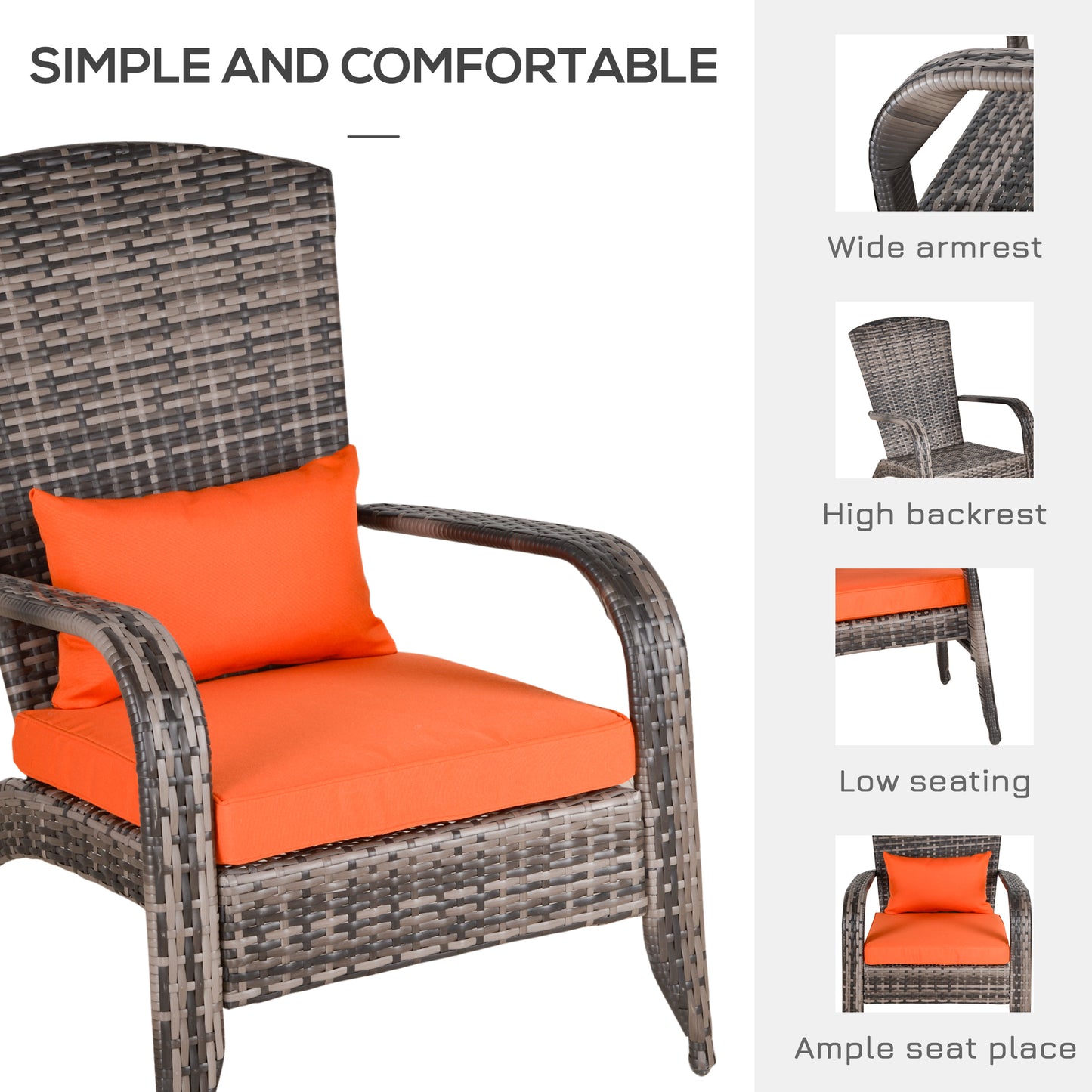 Wicker Adirondack Chair with Cushions, Tall Backrest, Armrests for Patio, Orange Patio Chairs   at Gallery Canada