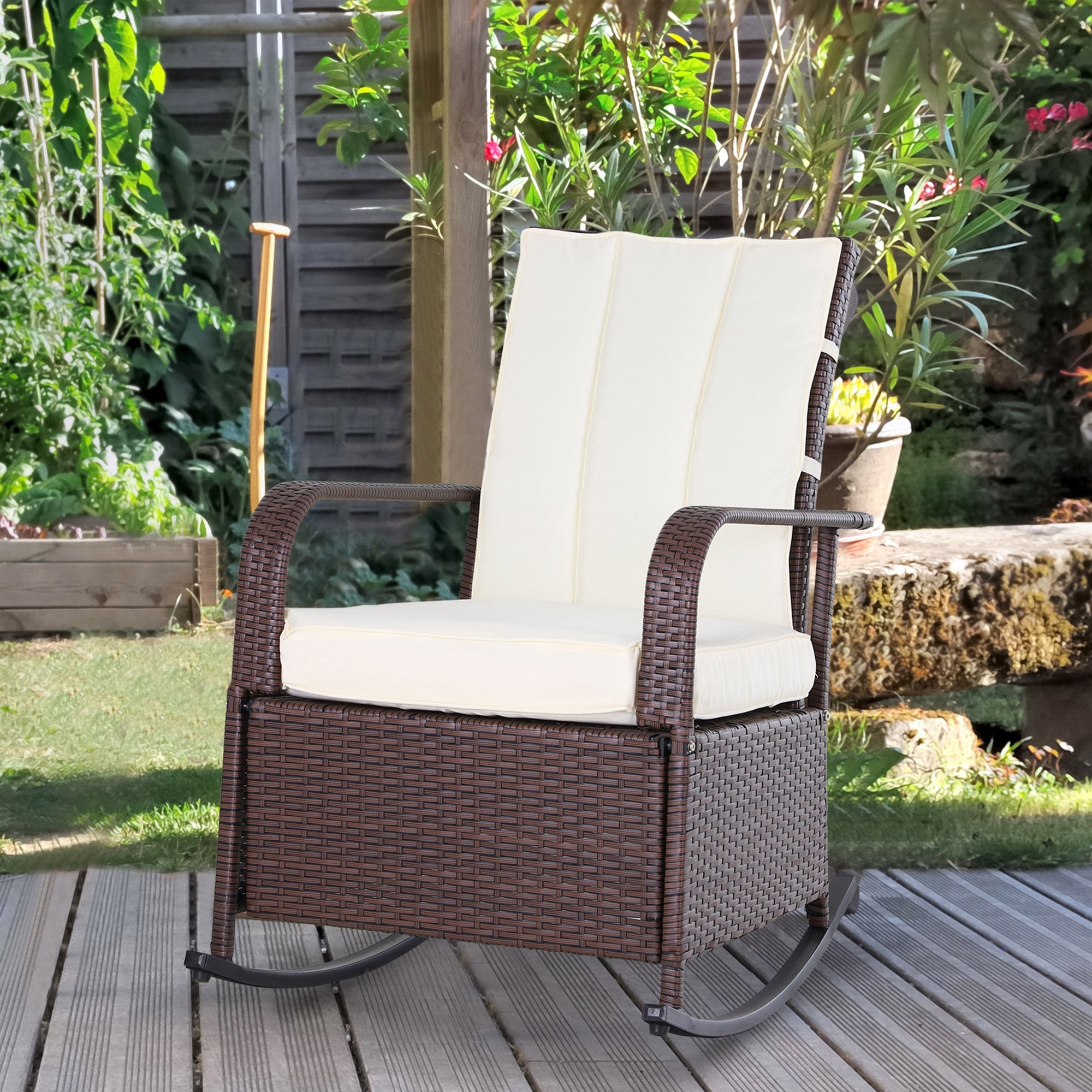 Outdoor Wicker Rocking Chair with Cushion, Patio PE Rattan Recliner Chair with Adjustable Footrest, Armrests, Cream White Outdoor Rocking Chairs   at Gallery Canada