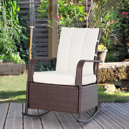 Outdoor Wicker Rocking Chair with Cushion, Patio PE Rattan Recliner Chair with Adjustable Footrest, Armrests, Cream White Outdoor Rocking Chairs Multi Colour  at Gallery Canada