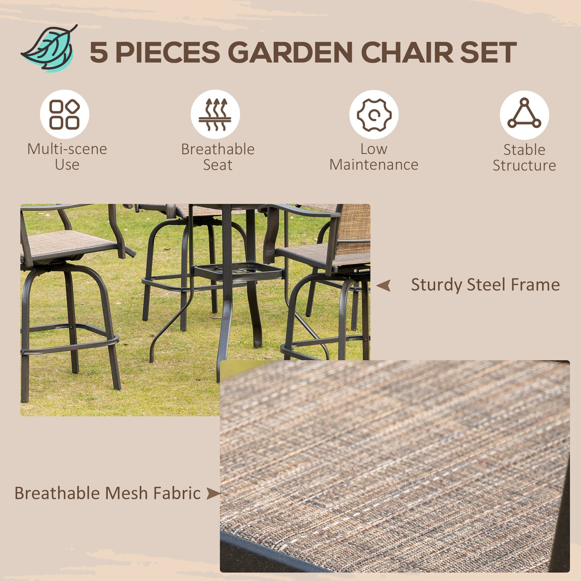 5 Pieces Patio Furniture Set, Outdoor Garden Conversation Set with Tempered Glass Table, 4 Swivel Chairs and Umbrella Hole, Brown Bistro Sets   at Gallery Canada