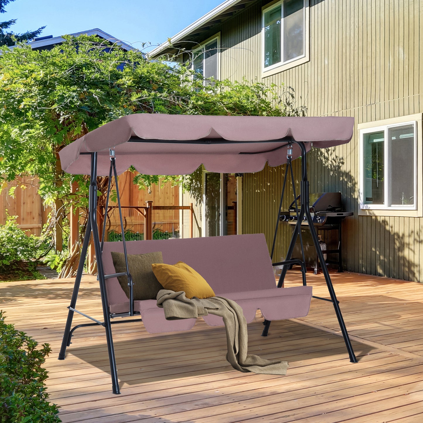 Metal 3-Seater Outdoor Swing Chair Cushioned Porch Swing Garden Lounger Patio Hammock with Frame and Canopy Brown Patio Swings with Stand   at Gallery Canada