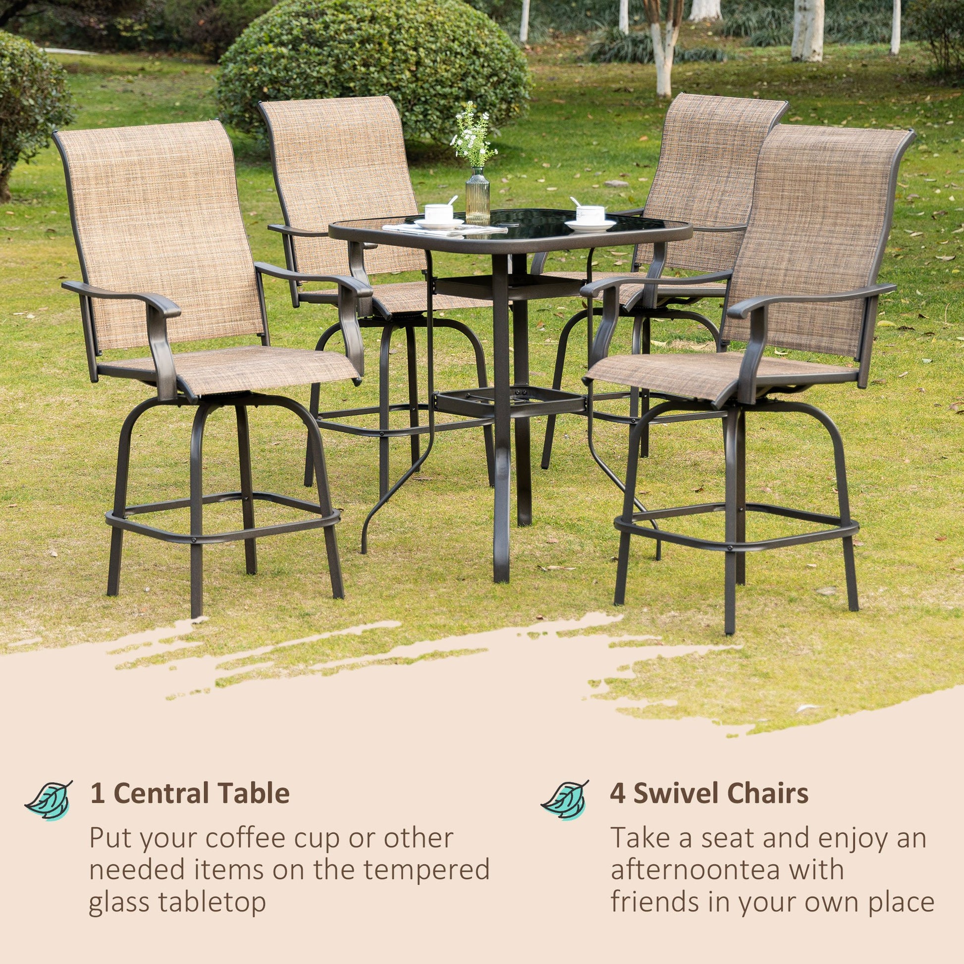 5 Pieces Patio Furniture Set, Outdoor Garden Conversation Set with Tempered Glass Table, 4 Swivel Chairs and Umbrella Hole, Brown Bistro Sets   at Gallery Canada