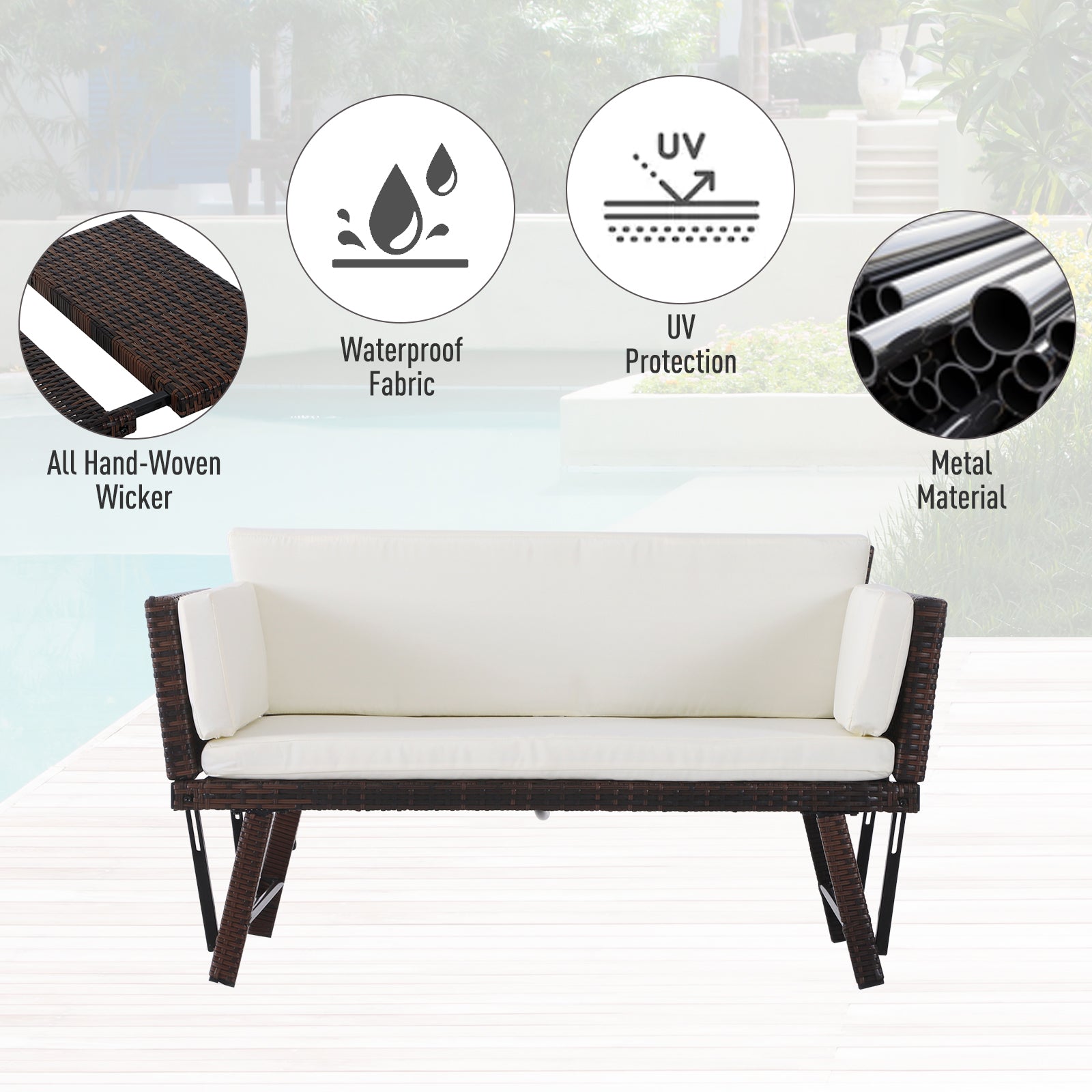 Convertible Rattan Sofa Bed Chaise Lounge Wicker Loveseat Armchair Double Seat with Cushion All Weather Patio Furniture Brown Patio Furniture Sets   at Gallery Canada