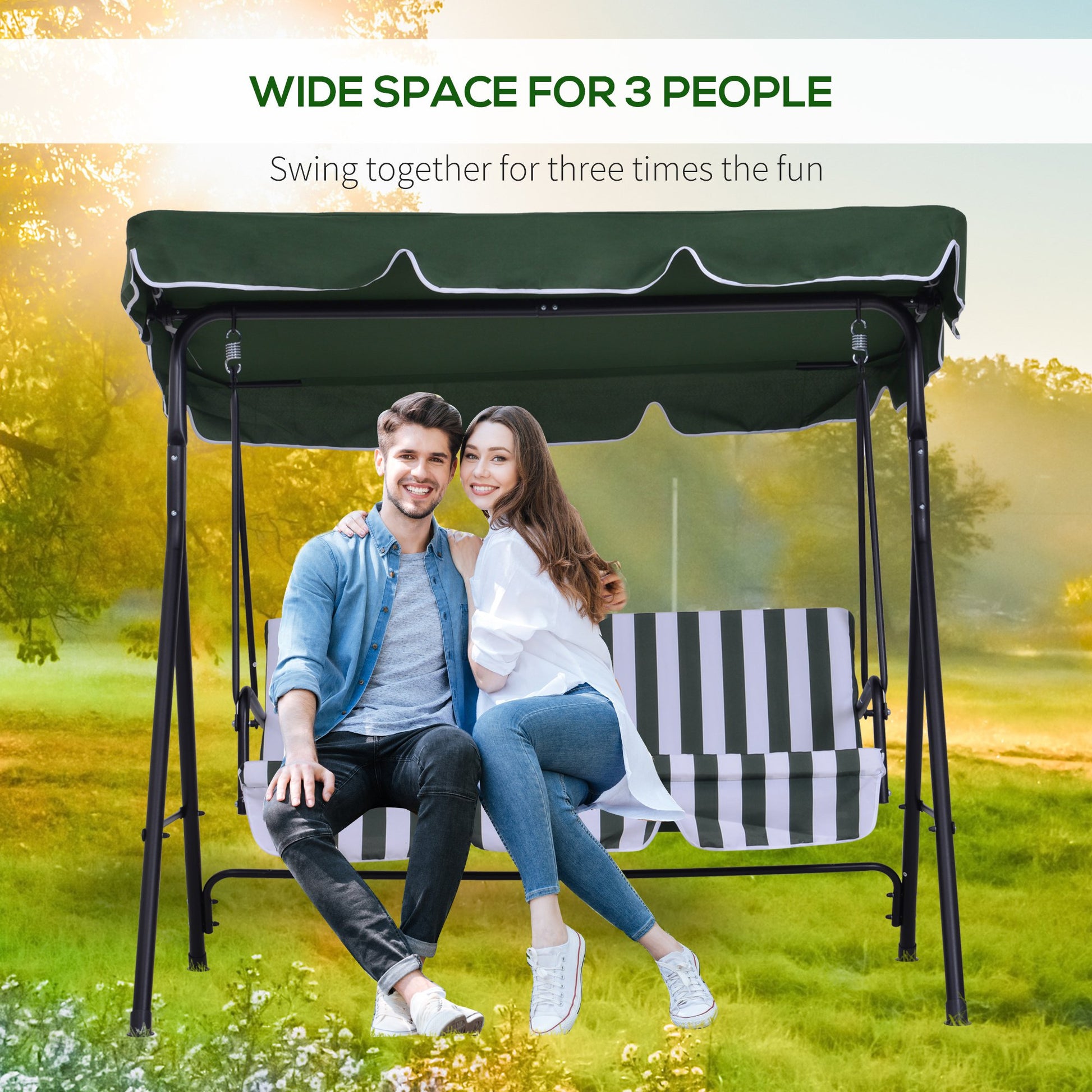 3-Seat Outdoor Swing Glider with Adjustable Canopy and Removable Cushion, Green Patio Swings with Stand   at Gallery Canada