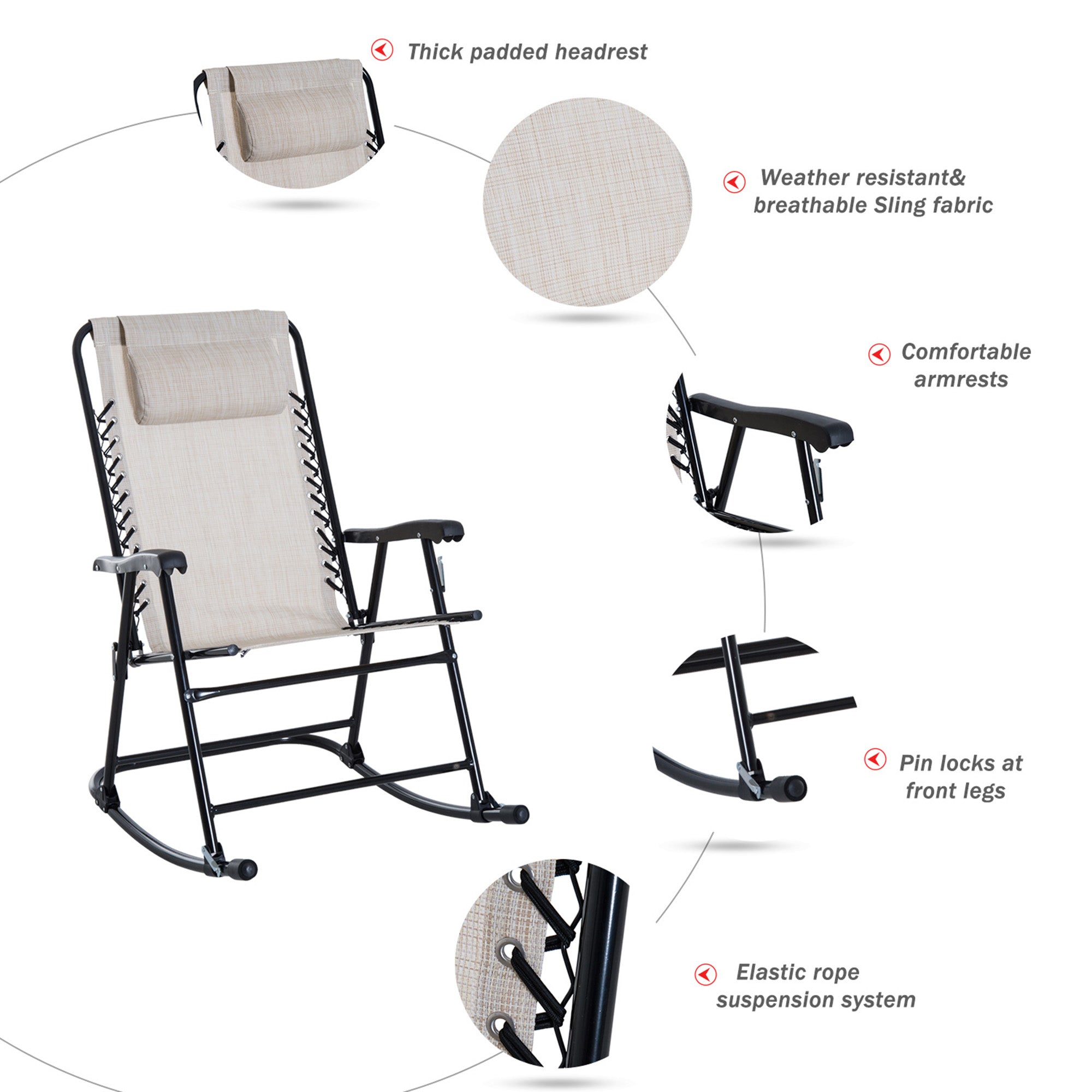 Foldable Patio Rocking Chair Set with Table, Mesh Seat & Headrest, Cream Outdoor Rocking Chairs   at Gallery Canada