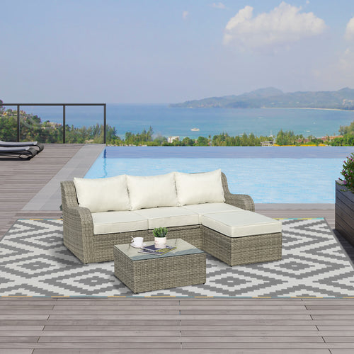 Wicker Patio Furniture Set with Liftable Table, Aluminum Frame, Beige Cushions