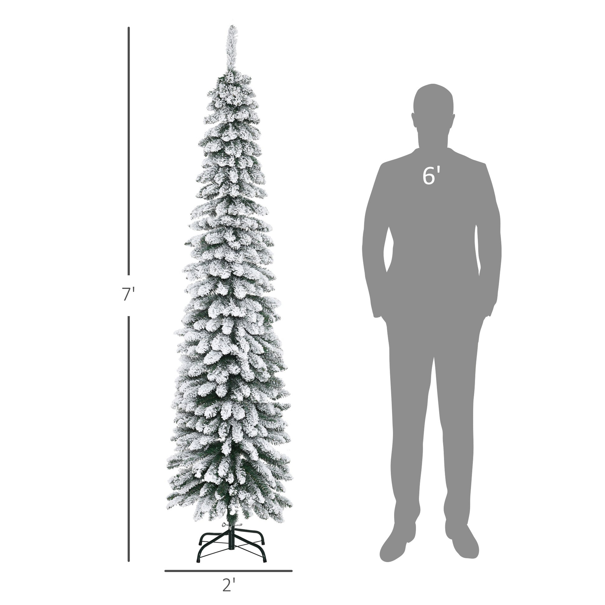 7ft Snow-Flocked Artificial Christmas Tree, Slim Pencil Xmas Tree with 490 Realistic Branches, Metal Base, Green Pencil Christmas Trees   at Gallery Canada