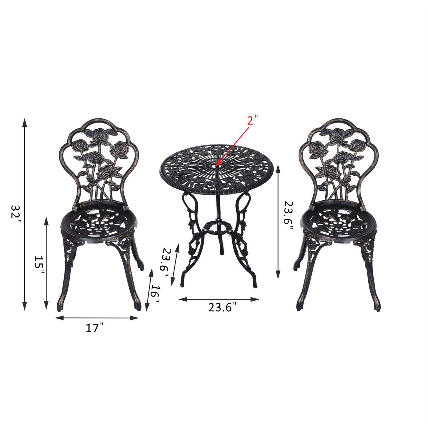 3PCs Patio Bistro Set, Outdoor Cast Aluminum Garden Table and Chairs with Umbrella Hole for Balcony, Bronze Bistro Sets   at Gallery Canada