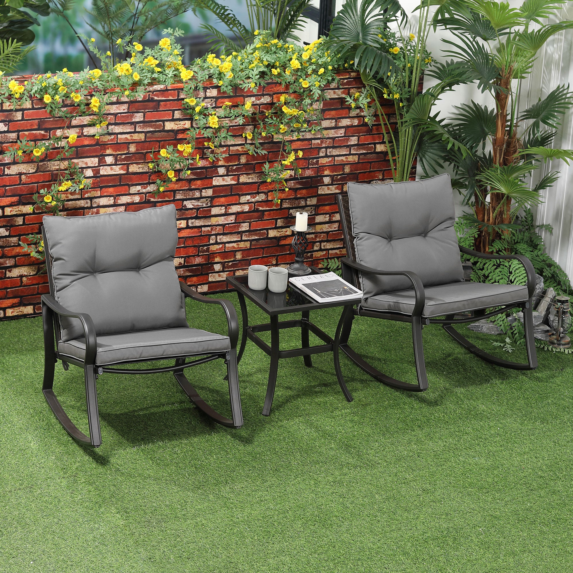 Outdoor PE Rattan Rocking Chair Set with Cushions & Table, Dark Grey Outdoor Rocking Chairs   at Gallery Canada