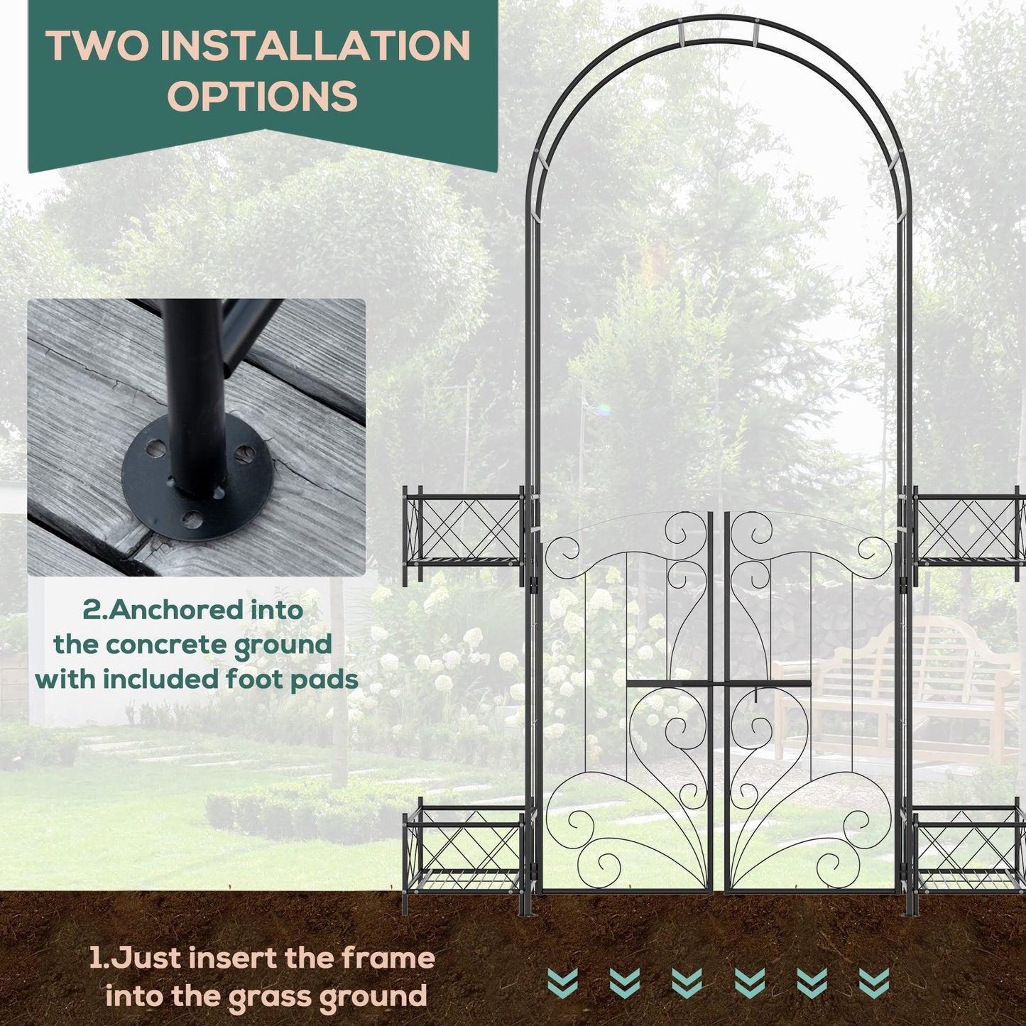 7.1FT Metal Garden Arch with Gate and 4 Planter Boxes, Garden Arbor Trellis for Climbing Plants, Outdoor Wedding, Decoration, Bridal Party, Black Garden Arches   at Gallery Canada