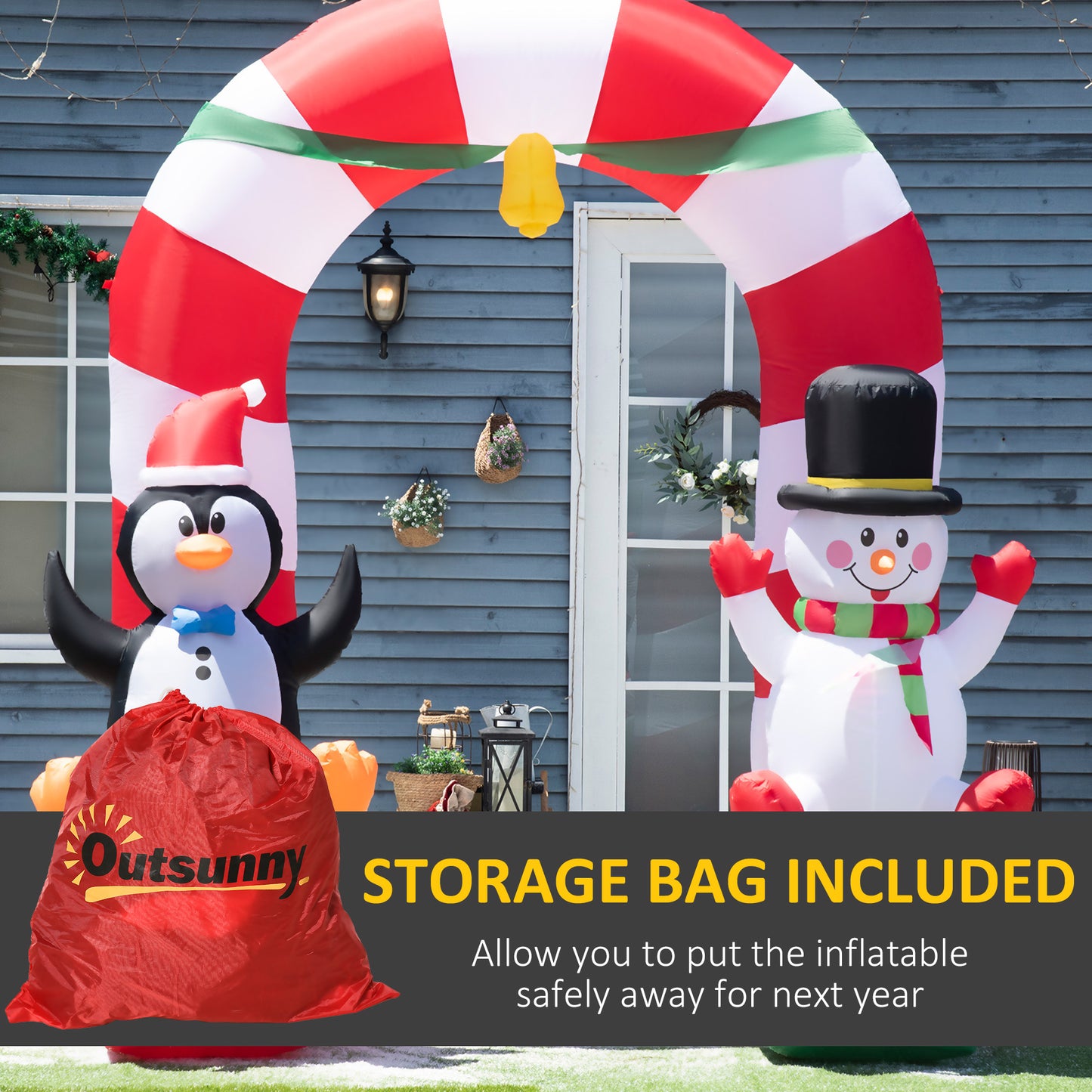 9ft Christmas Inflatable Candy Cane Archway with Penguin Snowman Sit on Gift Box, Blow-Up Outdoor LED Yard Display for Lawn Garden Christmas Inflatables   at Gallery Canada