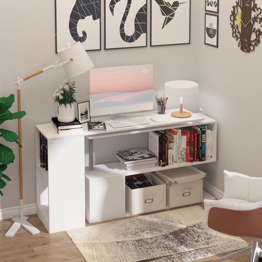 55" Corner Computer Desk, 360° Rotating L-Shaped Desk, Home Office Workstation with 3-Tier Shelves, Bookshelf, White Writing Desks White Wood Grain  at Gallery Canada