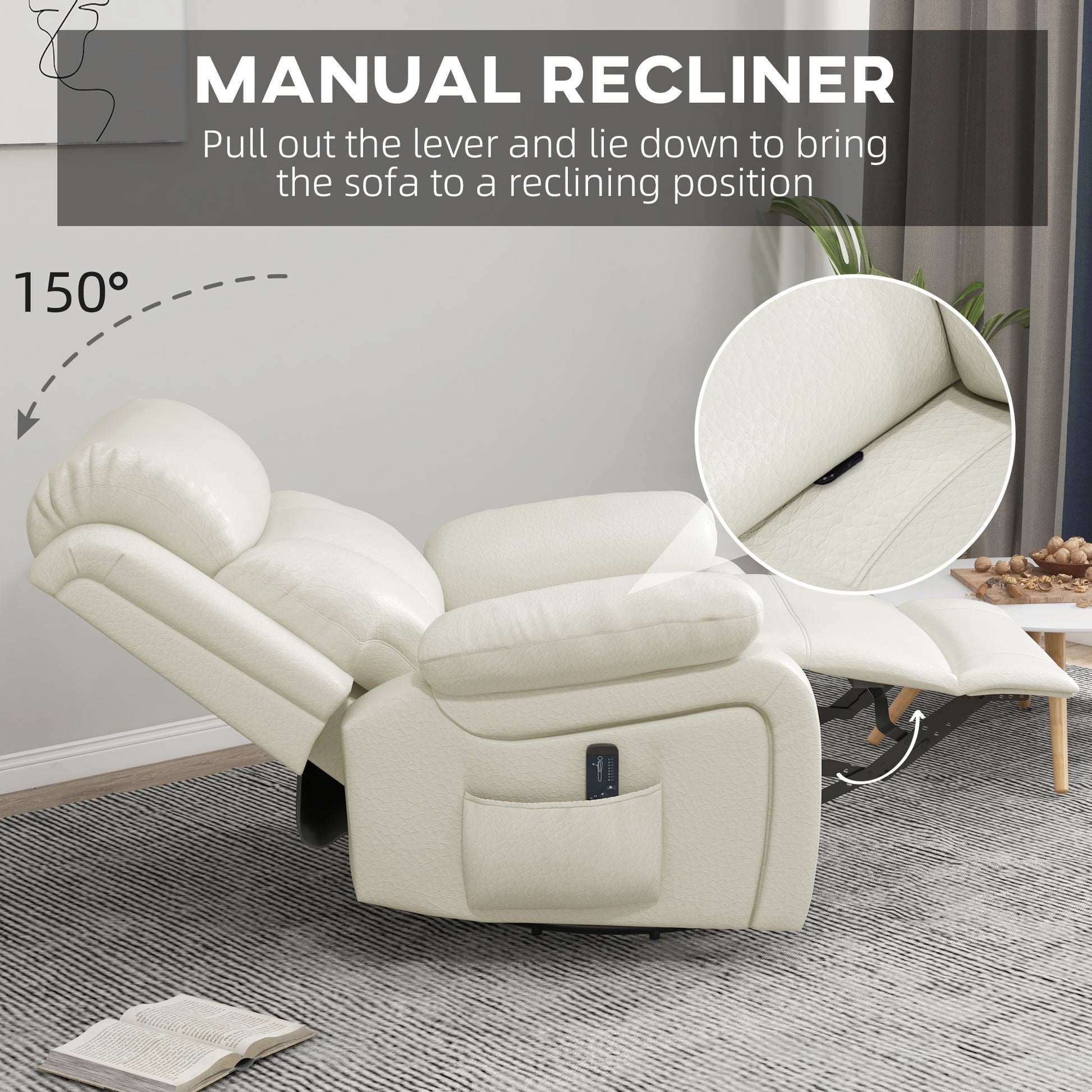 PU Leather Reclining Chair with Vibration Massage Recliner, Swivel Base, Rocking Function, Remote Control, Cream White - Gallery Canada