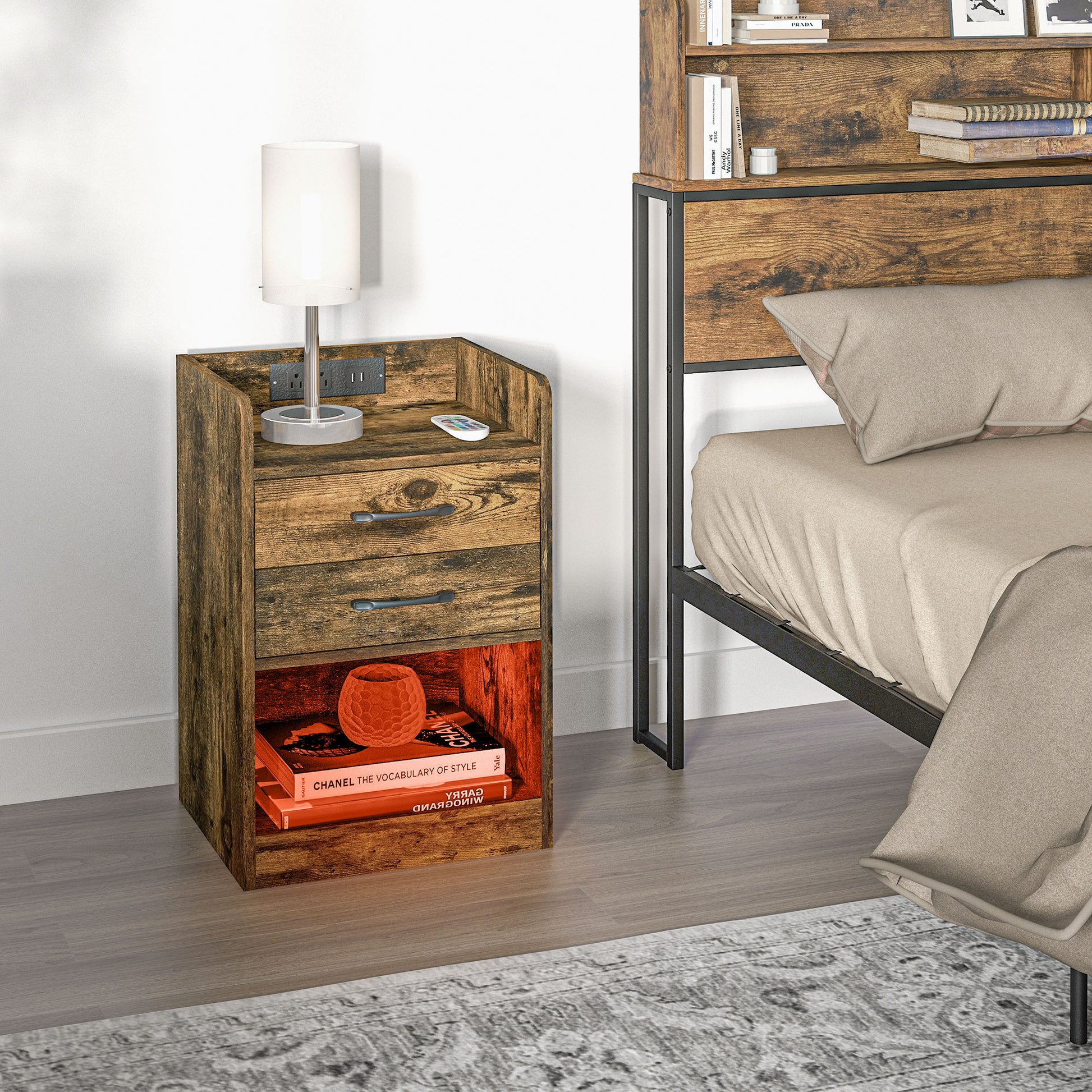 Tall Nightstand with Charging Station and LED Lights, Small Bedside Table with AC Outlets, USB Ports, 2 Drawers, Shelf Bedside Tables   at Gallery Canada