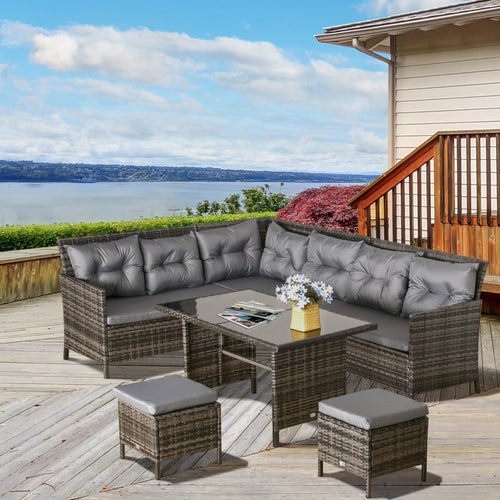 6pcs Outdoor Rattan Sofa Set Garden Wicker Sectional Couch Furniture Set with Dining Table and Chair Dark Grey